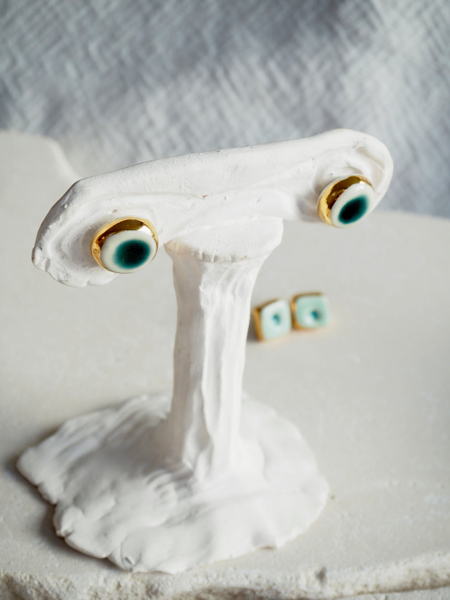 “il Quadrato’s Fontana” Small Handmade Porcelain Studs coloured with Italain Green glossy glaze with 24k Gold lustre details