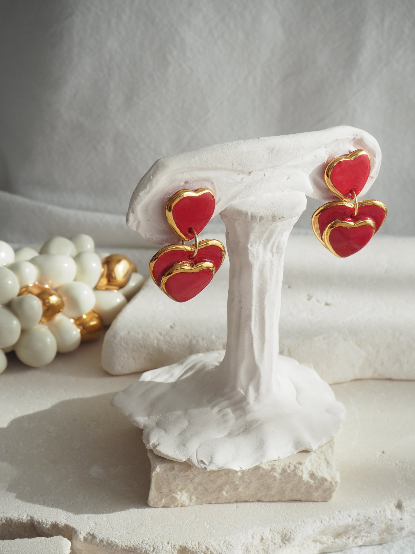 Handmade Porcelain Heart Earrings coloured with Glossy Red glaze with 24k Gold lustre rims