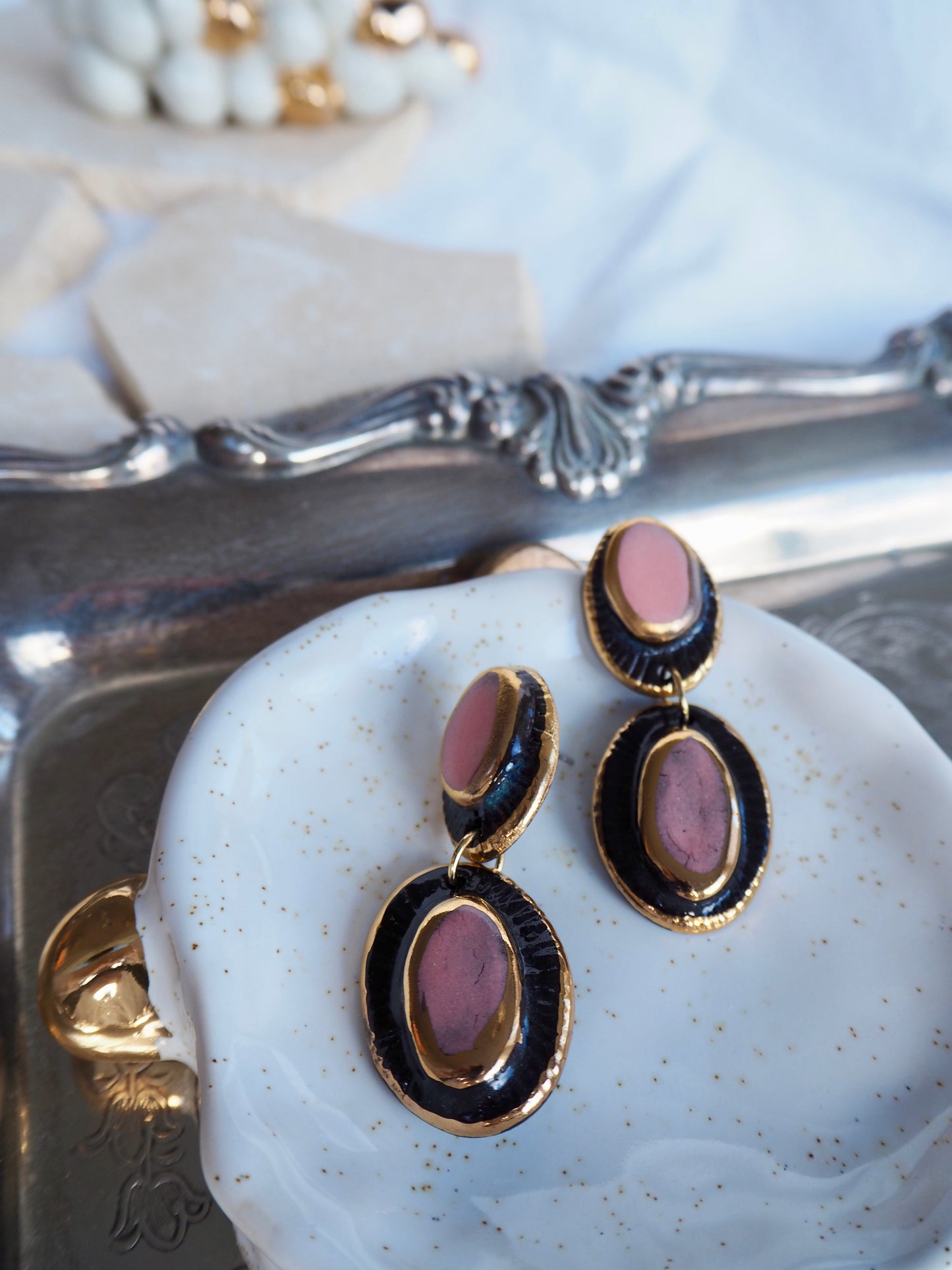 Pietra Collection handmade Black Ceramic Earrings coloured using pink glaze with 24k gold lustre details