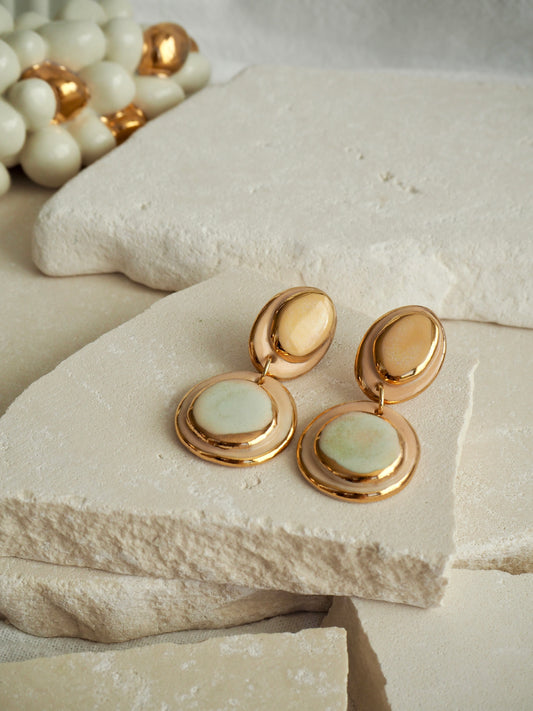 Femminilità Porcelain Earrings in Pale Lime and Mint Green coloured glossy glaze on Parchment underglaze with 24k Gold lustre textured rims