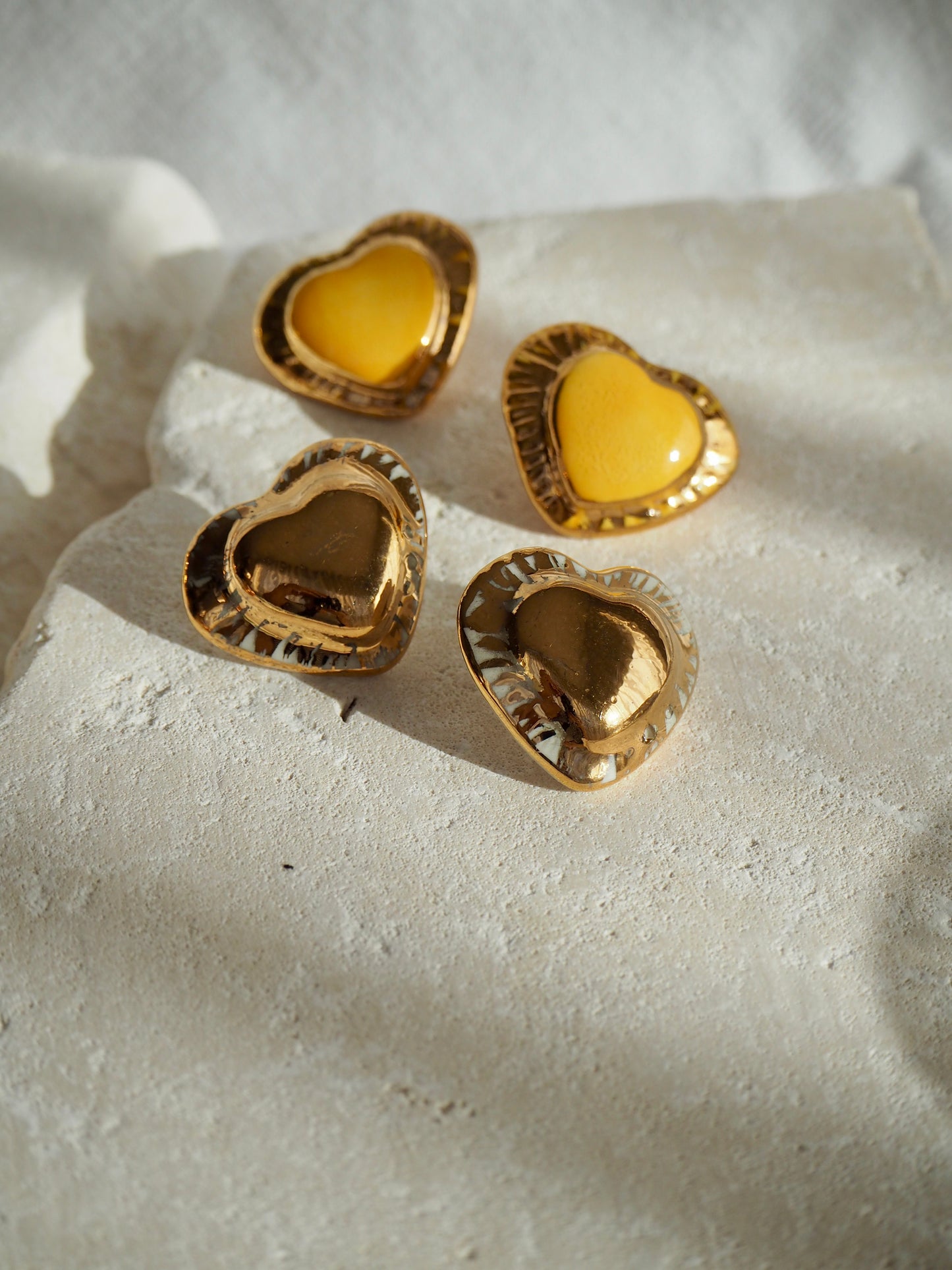 Large Handmade Porcelain Heart Stud Earrings coloured with “Bright Yellow” glossy glaze & 24k Gold lustre details