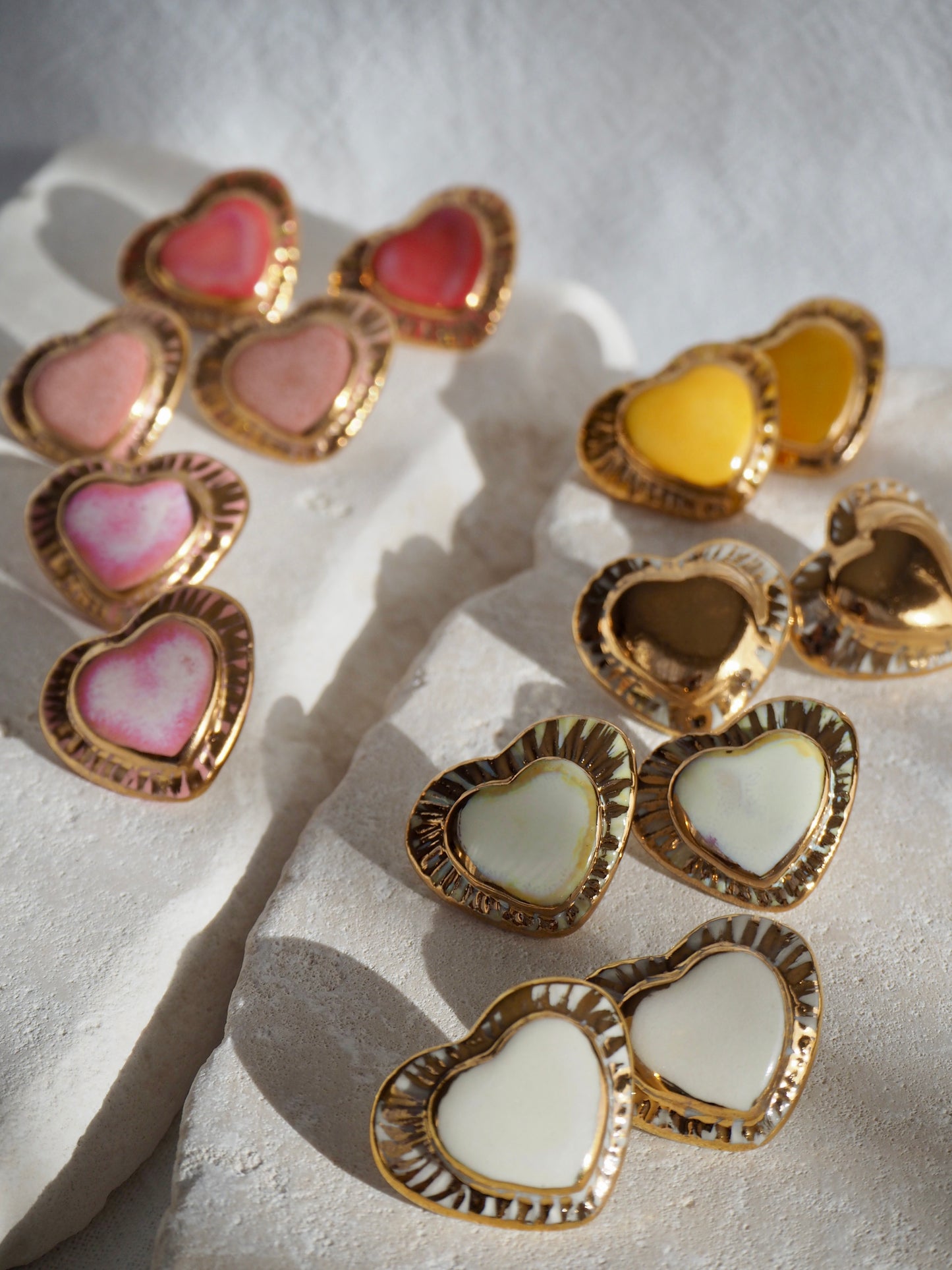 Large Handmade Porcelain Heart Stud Earrings coloured with “Speckled Pink” glossy glaze & 24k Gold lustre details