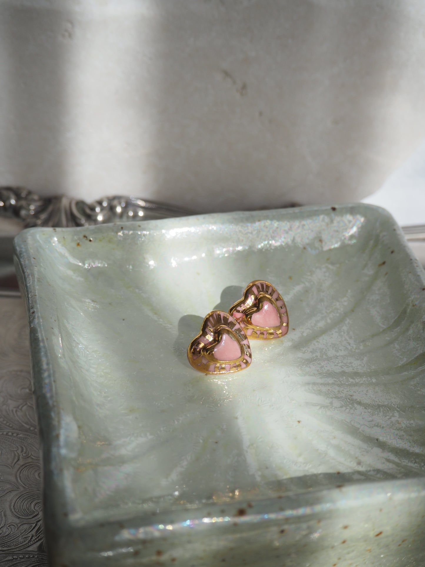 Small Handmade Porcelain Heart Stud coloured with “Light Pink” glossy glaze with 24k Gold lustre rays (Second Pair in Pink)