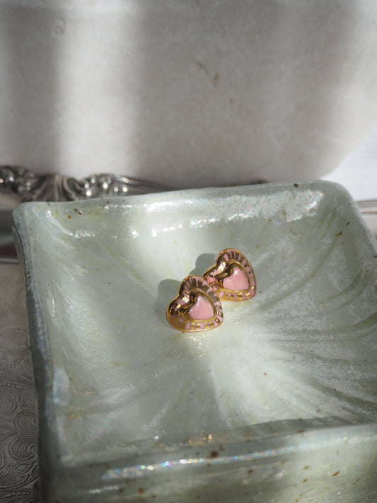 Small Handmade Porcelain Heart Stud coloured with “Light Pink” glossy glaze with 24k Gold lustre rays (Second Pair in Pink)