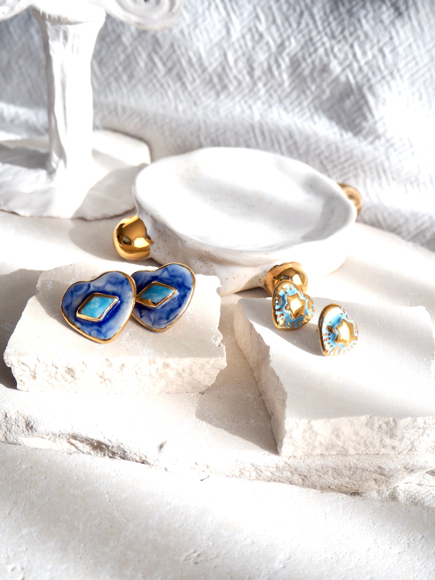 Large Handmade Porcelain Heart Stud Earrings coloured with “Shades of Blues” glossy glazes & 24k Gold lustre details