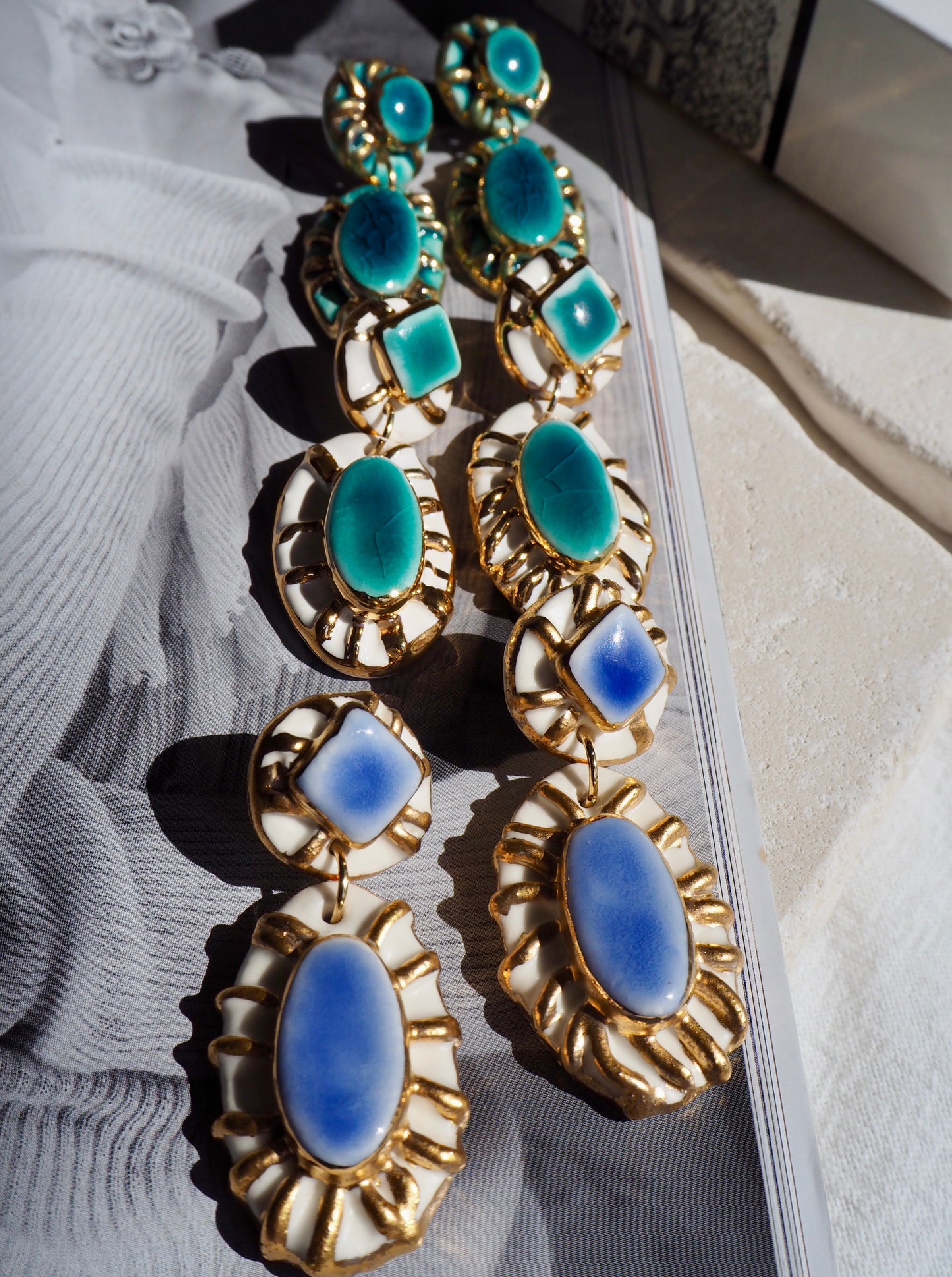 Pietra Collection handmade Porcelain Earrings coloured with Jade glossy glaze with 24k gold lustre details