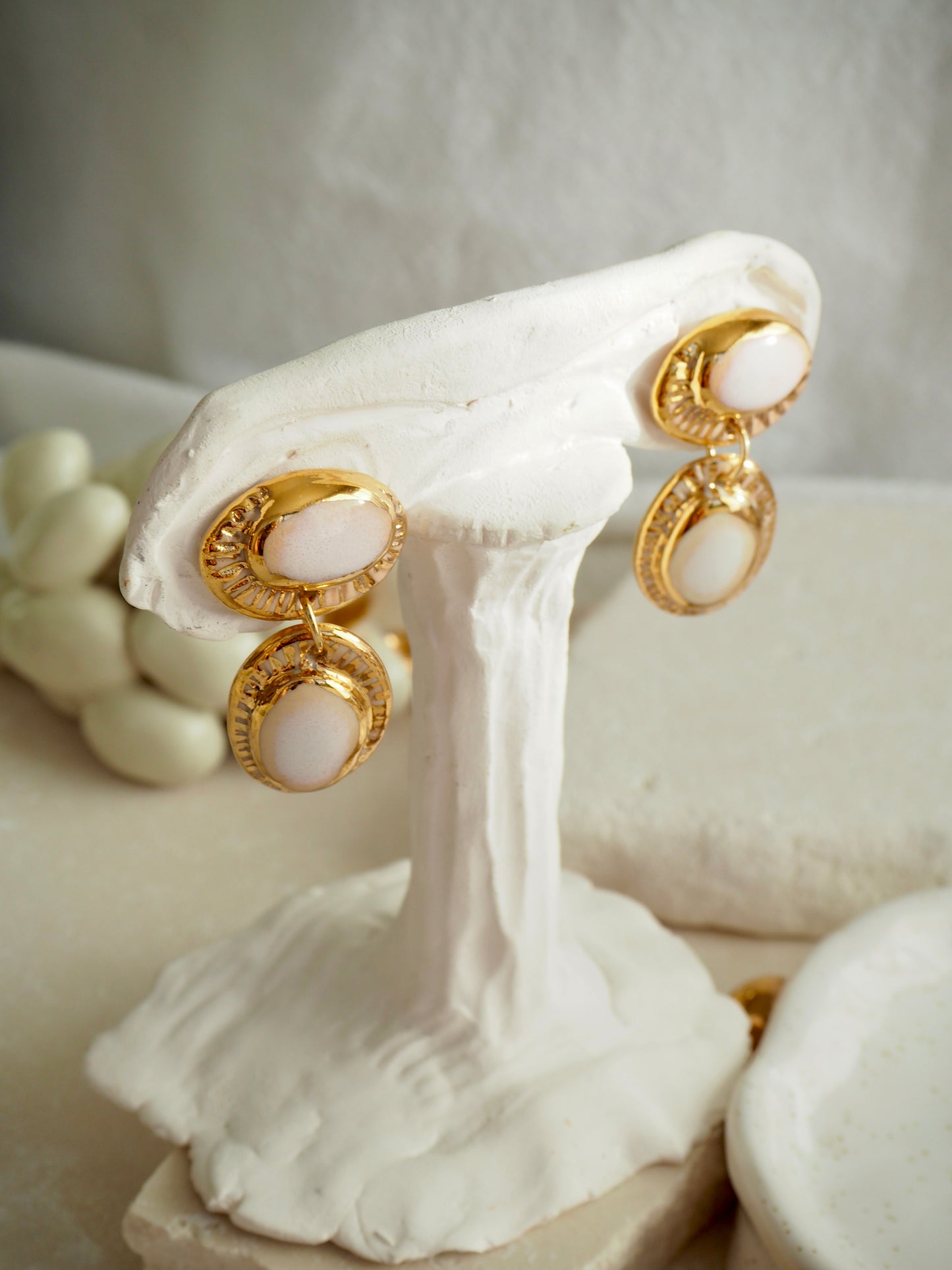 Coconut “Anima” Handmade Porcelain Earrings with Parchment underglaze under Faded White coloured glaze with 24k gold lustre rays