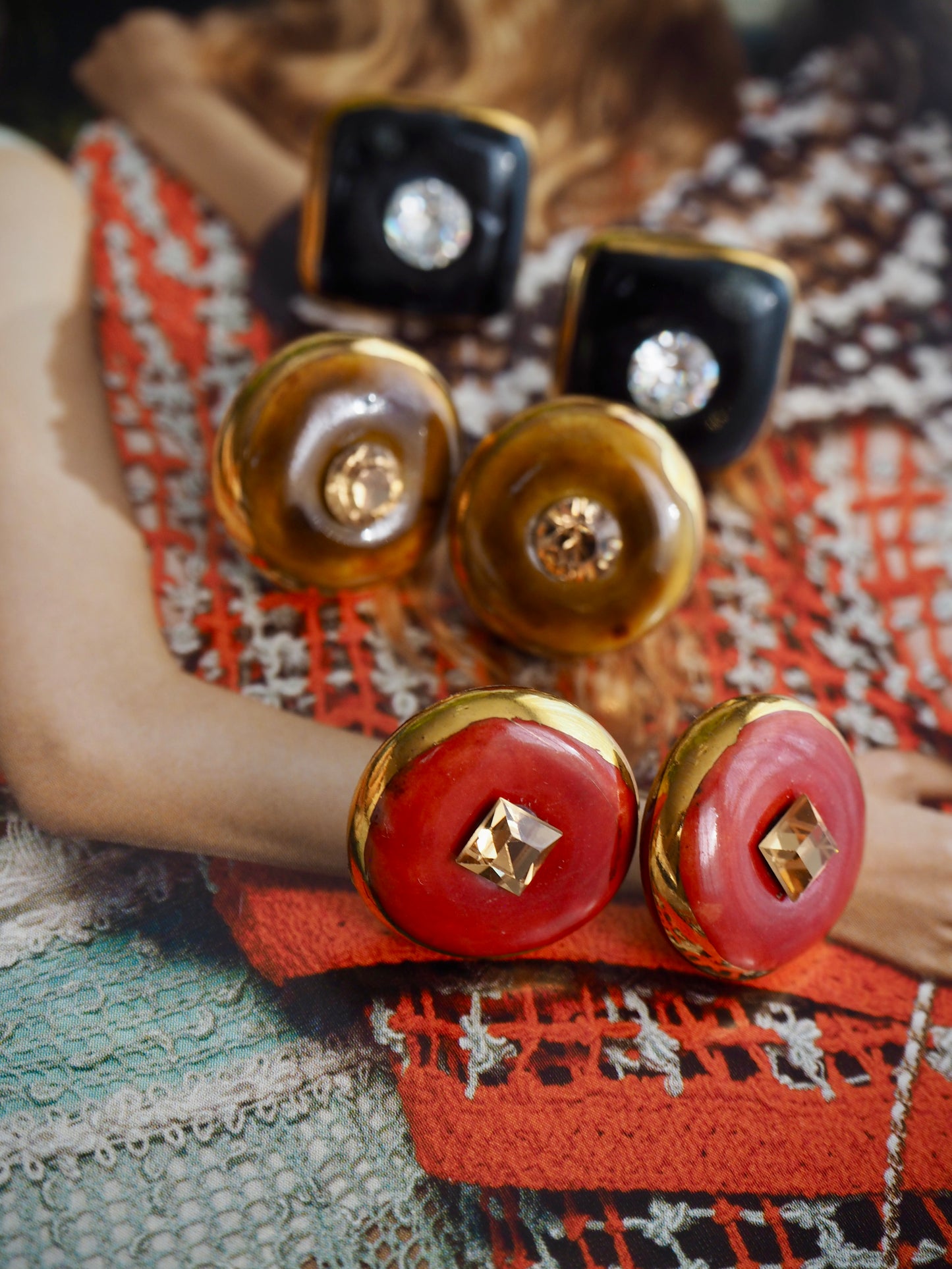 “Bigger Supernova”  Mahogany Brown Large Handmade Porcelain Studs with 24k Gold lustre rims and an Swarovskis Crystal
