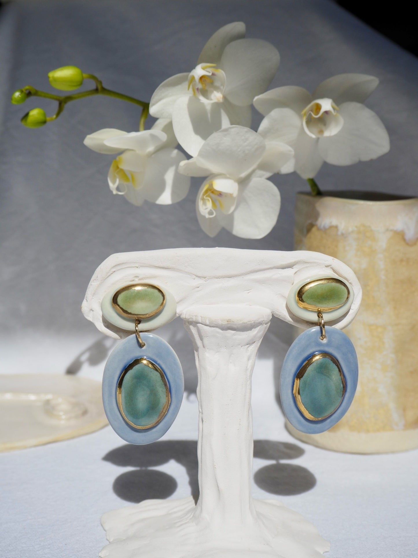 Femminilità Porcelain Earrings in  Green Tones & Light Cobalt Blue coloured glazes