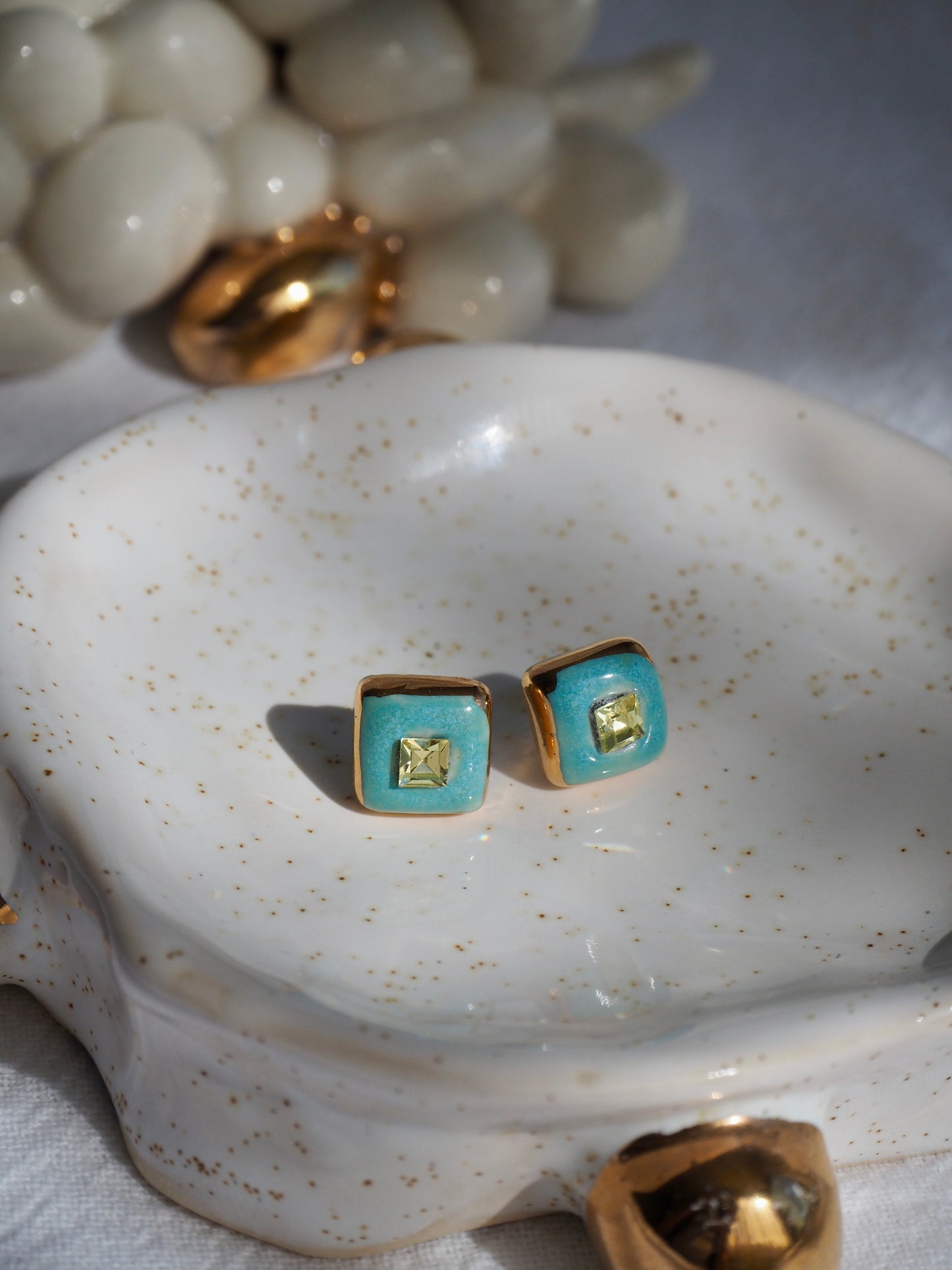 “Supernova” Aqua Green Small Square Handmade Porcelain Studs with 24k Gold lustre rims and Swarovskis Crystal