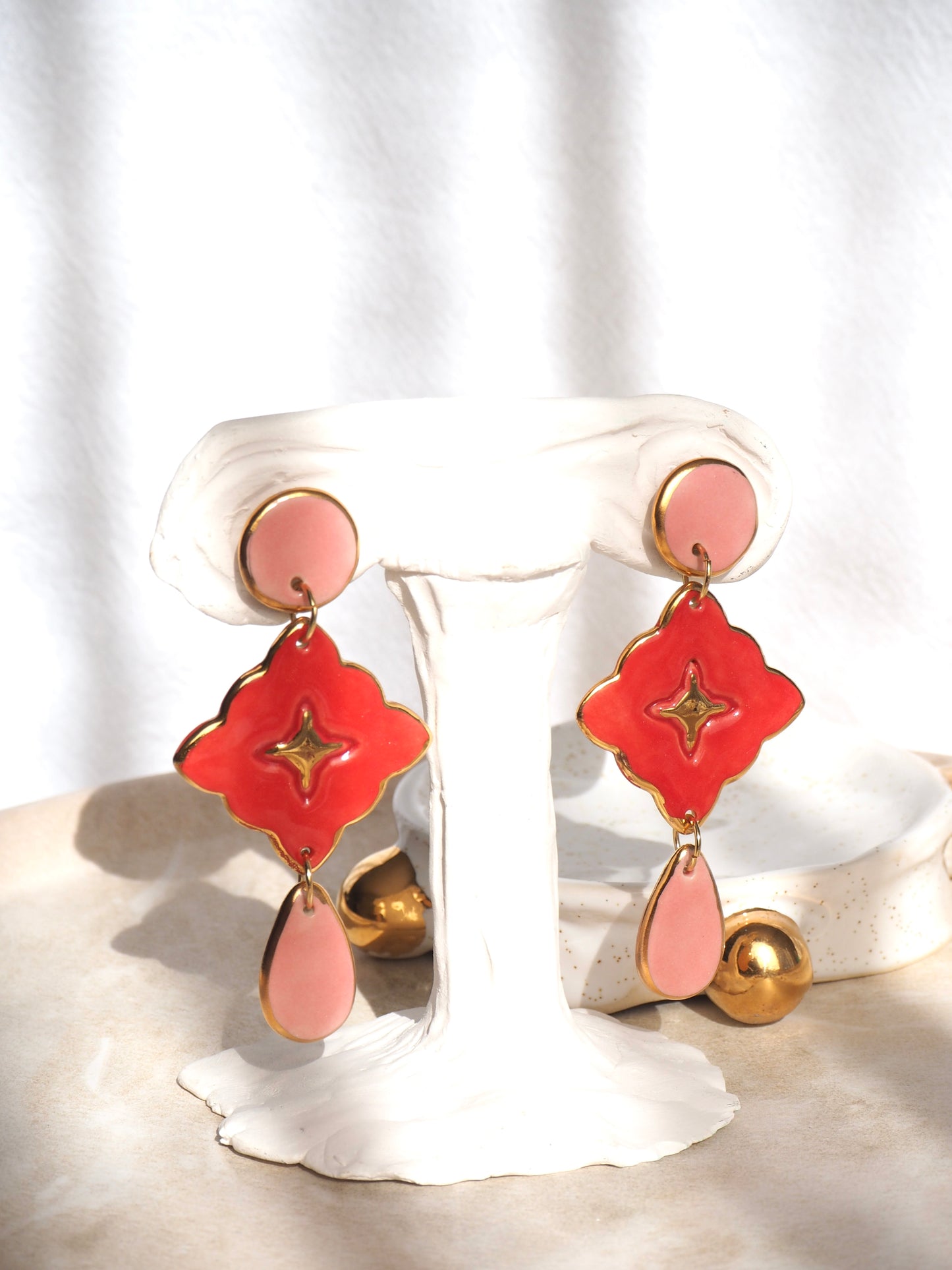 “A Feast for your Eyes” Handmade Porcelain Earrings in Cherry Red  coloured glaze with 24k gold lustre details.