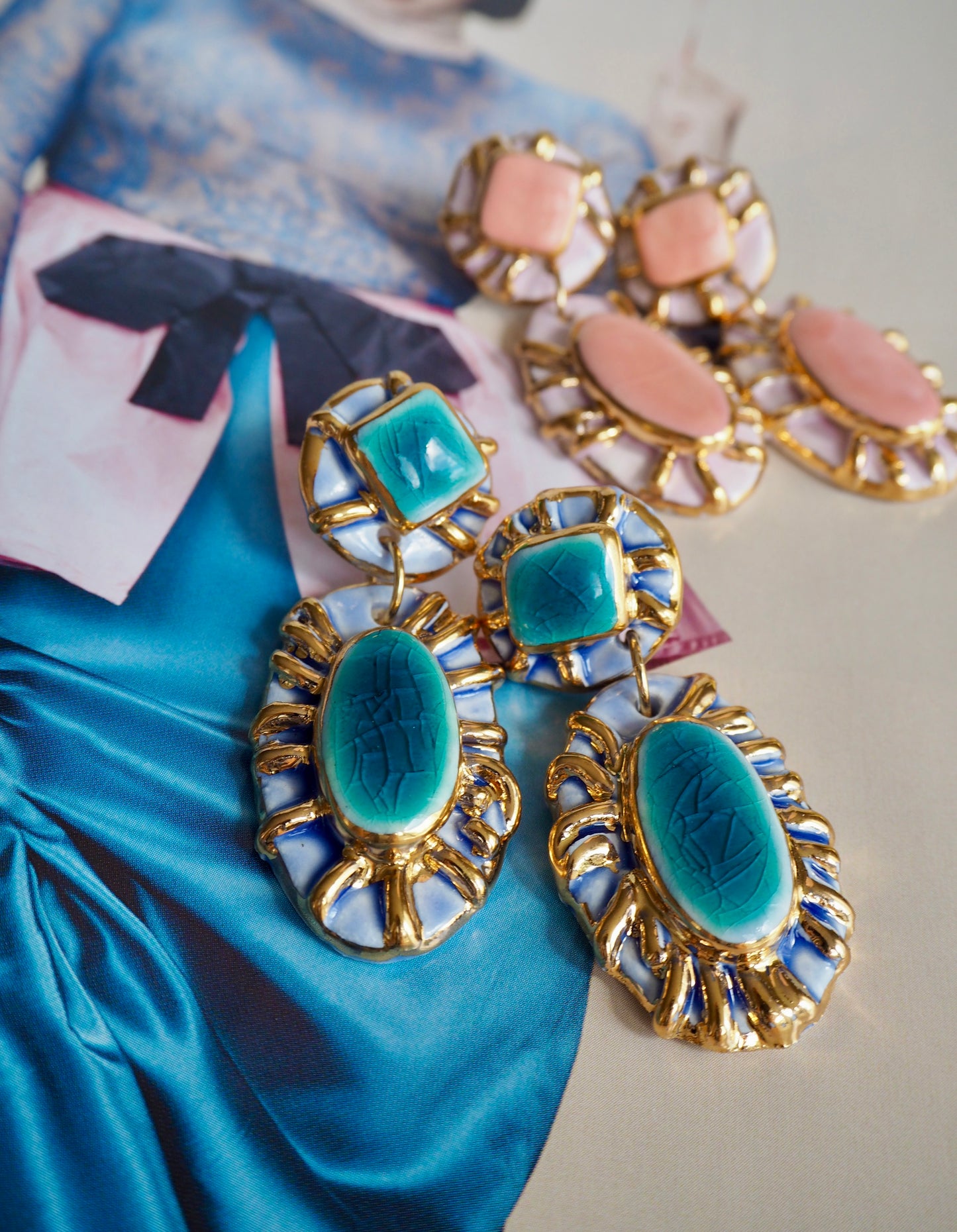 Pietra Collection handmade Porcelain Earrings coloured with Jade glossy glaze with 24k gold lustre details