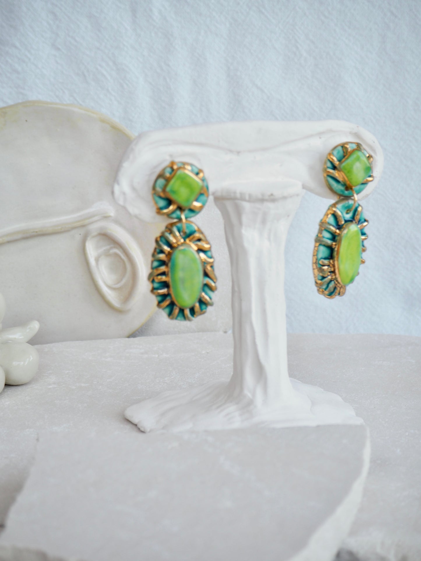 Pietra Collection handmade Porcelain Earrings coloured with Lime Green and Blue glossy glaze with 24k gold lustre details