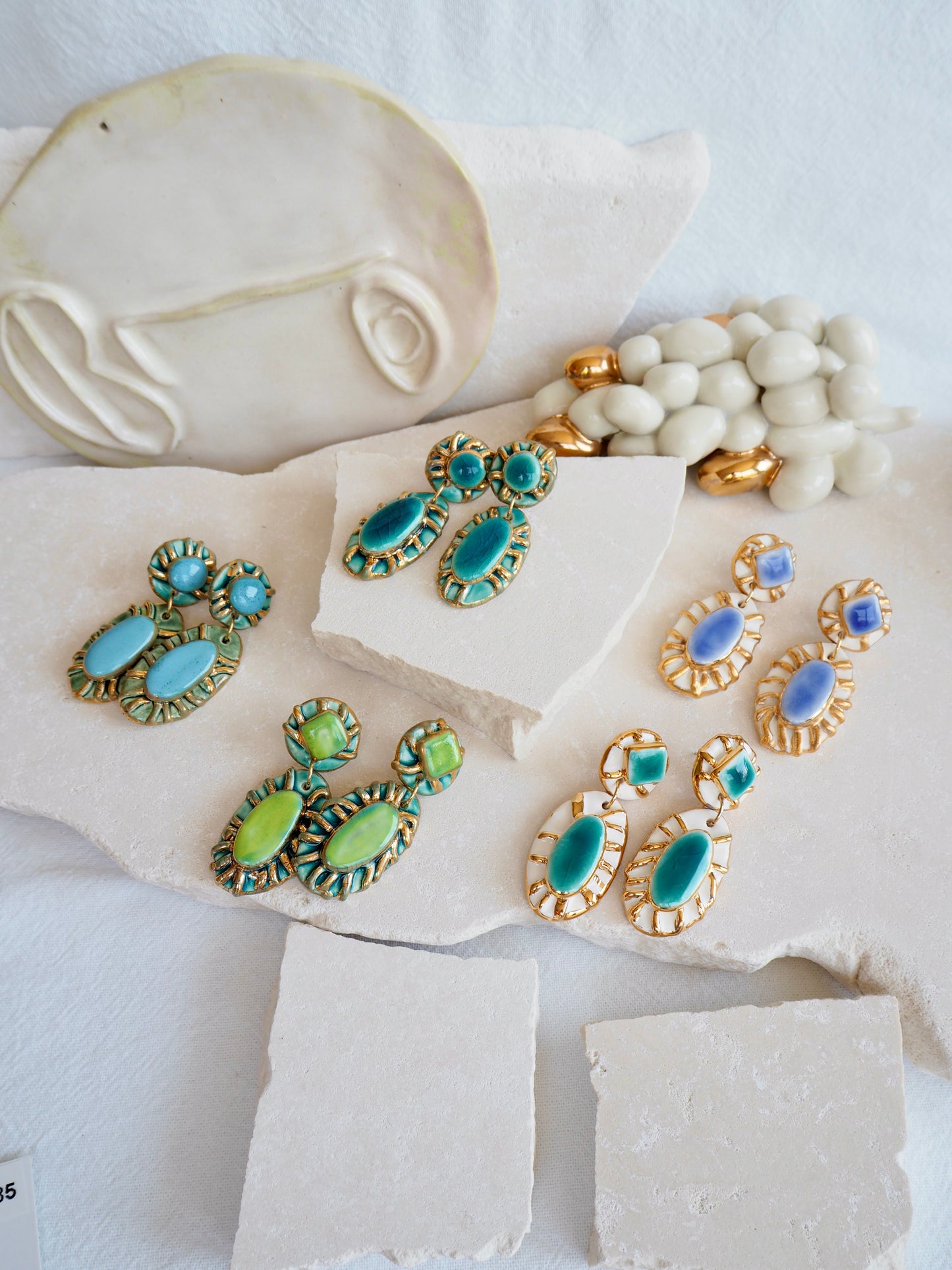 Pietra Collection handmade Porcelain Earrings coloured with Lime Green and Blue glossy glaze with 24k gold lustre details