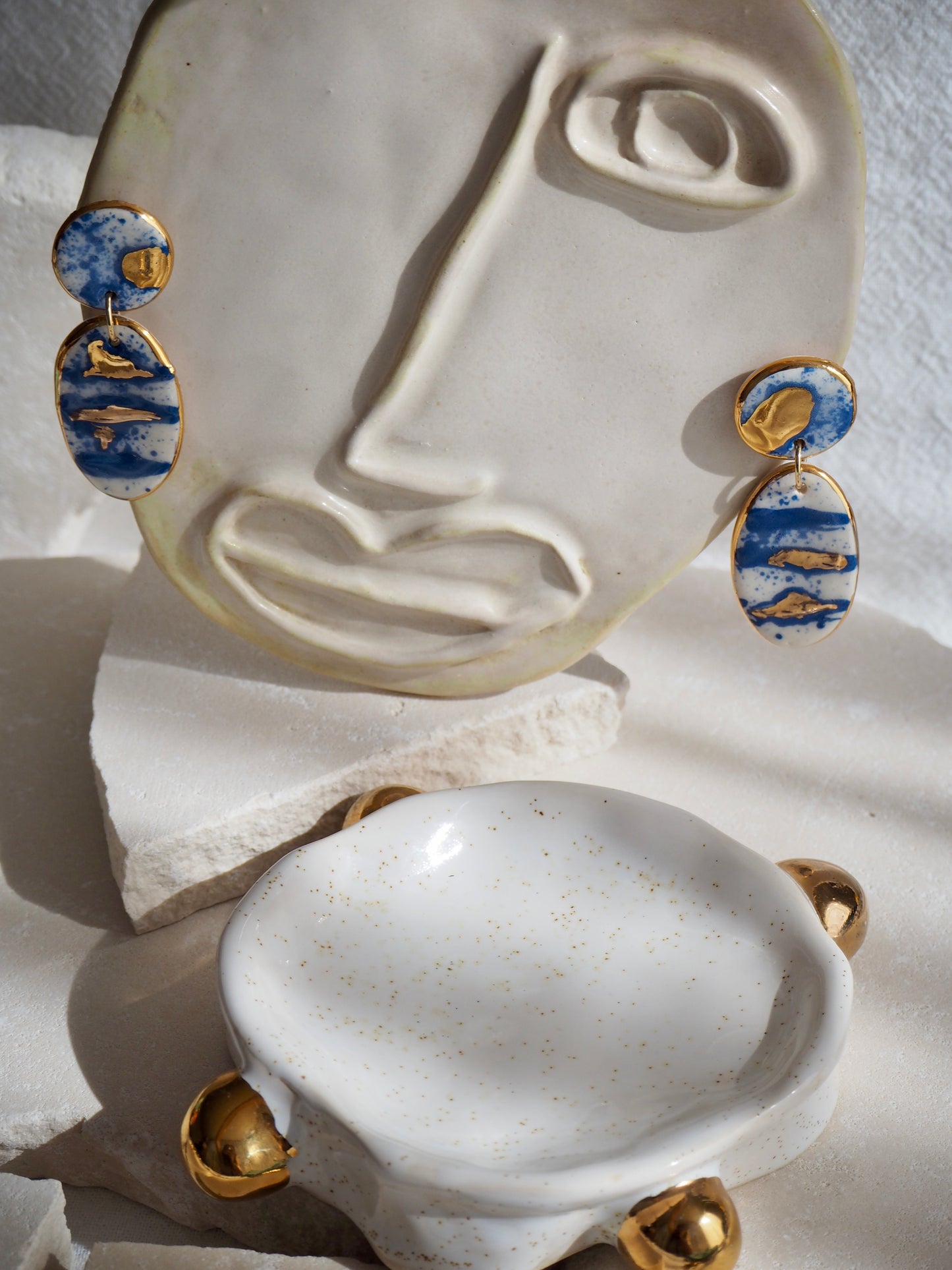 Royal Blue & White Splatter Porcelain Earrings coloured using ceramic stain under clear glaze for glossy look