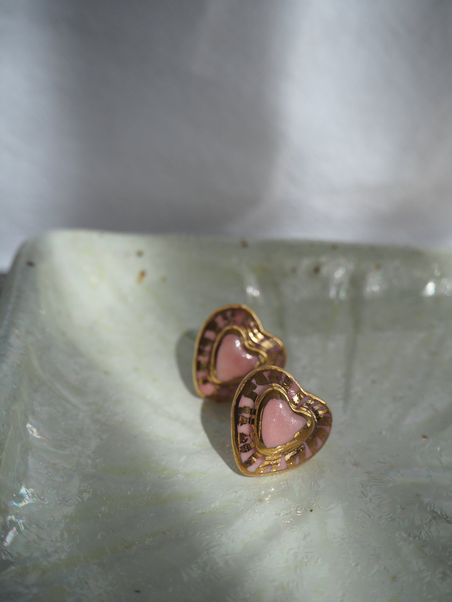 Small Handmade Porcelain Heart Stud coloured with “Light Pink” glossy glaze with 24k Gold lustre rays (Second Pair in Pink)