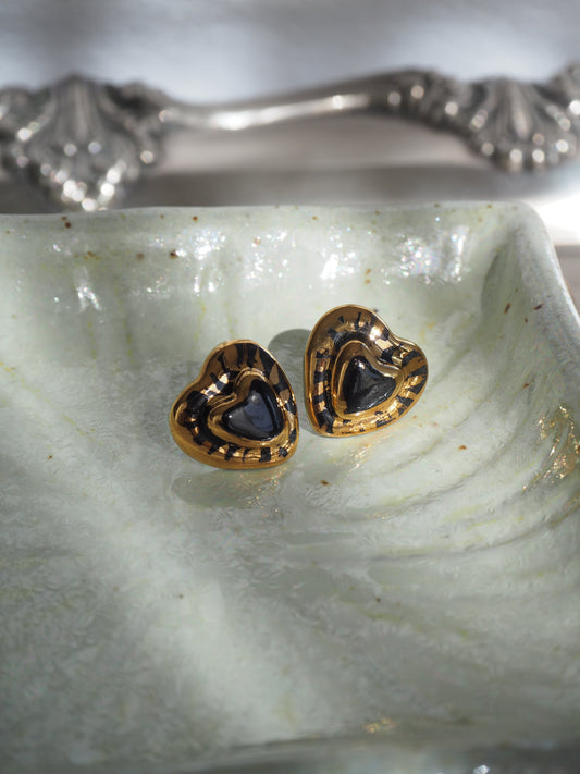 Small Handmade Porcelain Heart Stud coloured with “Black” glossy glaze with 24k Gold lustre rays