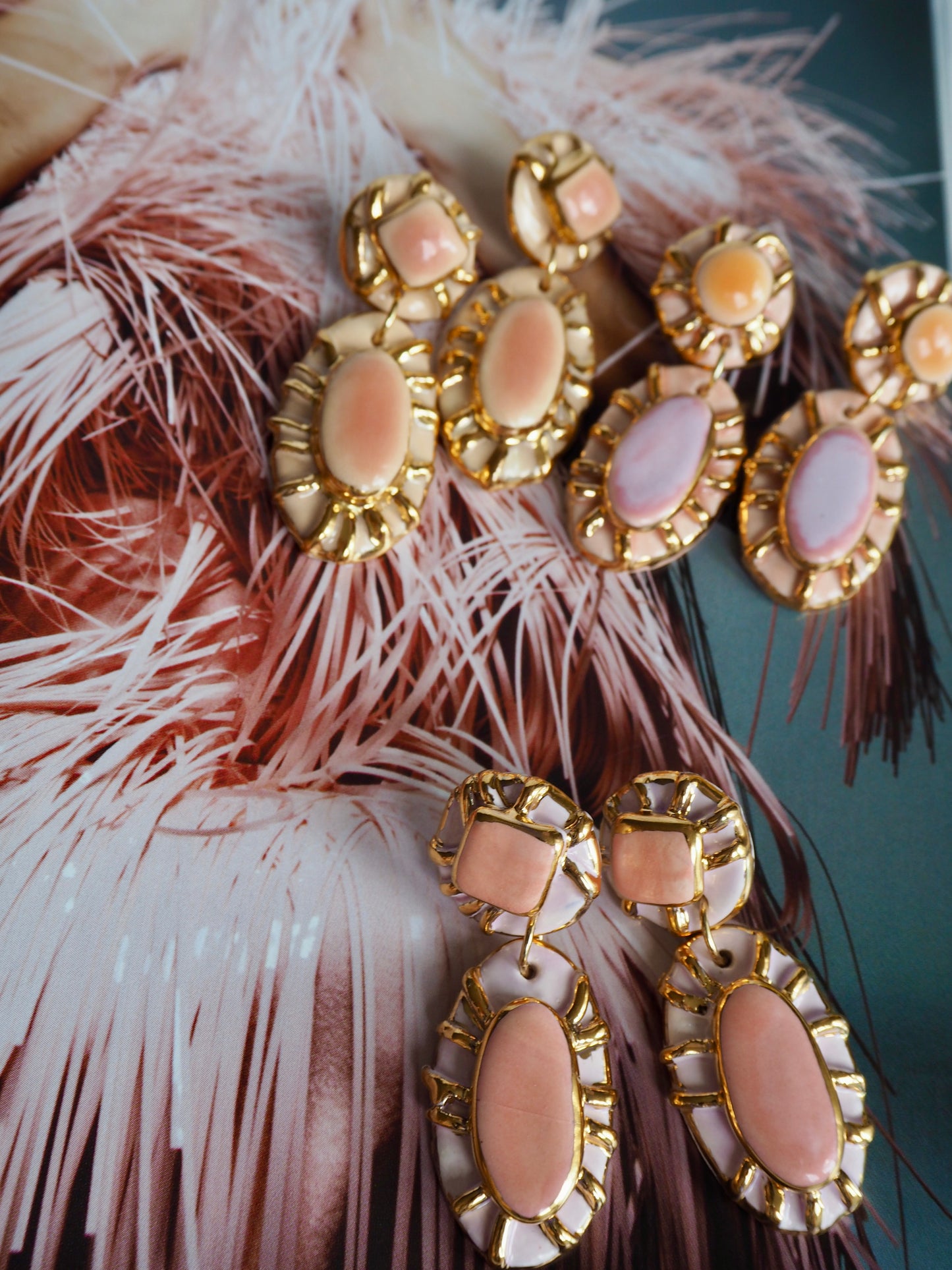 Pietra Collection handmade Porcelain Earrings coloured with Pale Peach glossy glaze with 24k gold lustre details