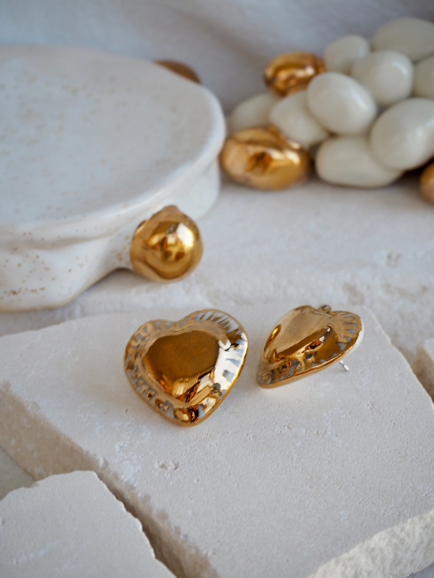 Large Handmade Porcelain Heart Stud Earrings coloured with “White” glossy glaze & almost completely cover with 24k Gold lustre
