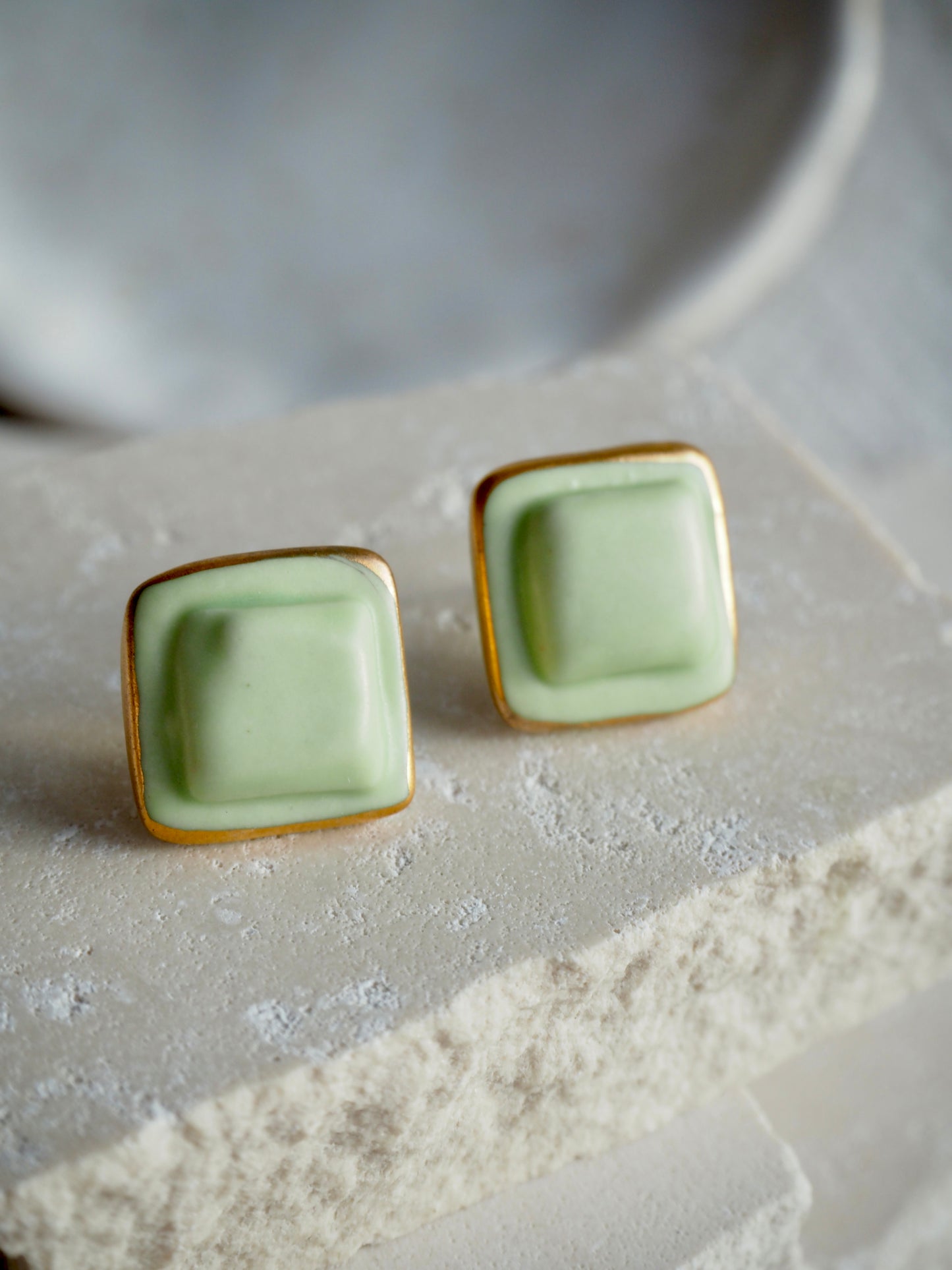 “il Quadrato” Small Handmade Porcelain Studs coloured with Light Sage matt glaze with 24k Gold lustre details