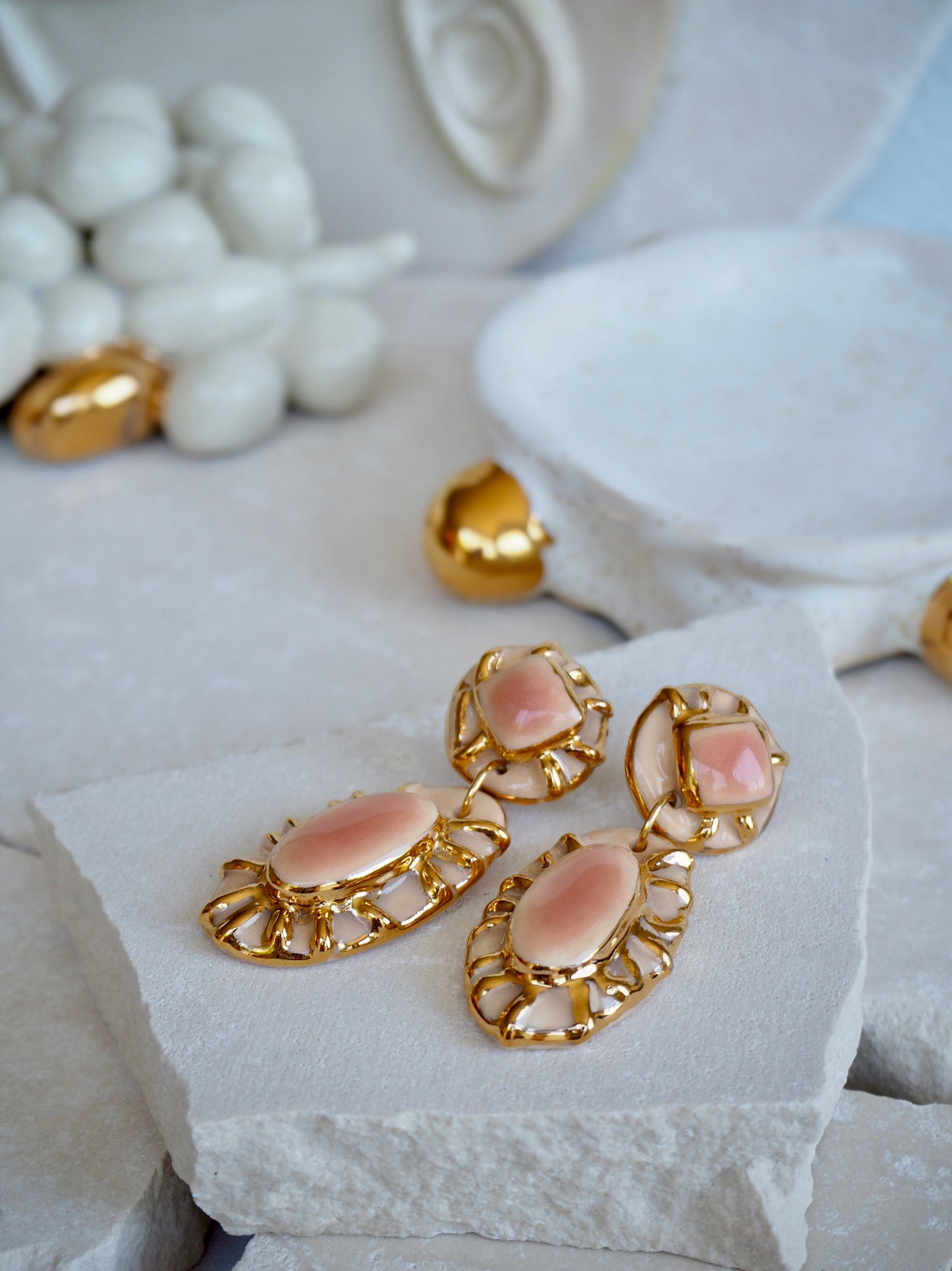 Pietra Collection handmade Porcelain Earrings coloured with Pale Peach glossy glaze with 24k gold lustre details