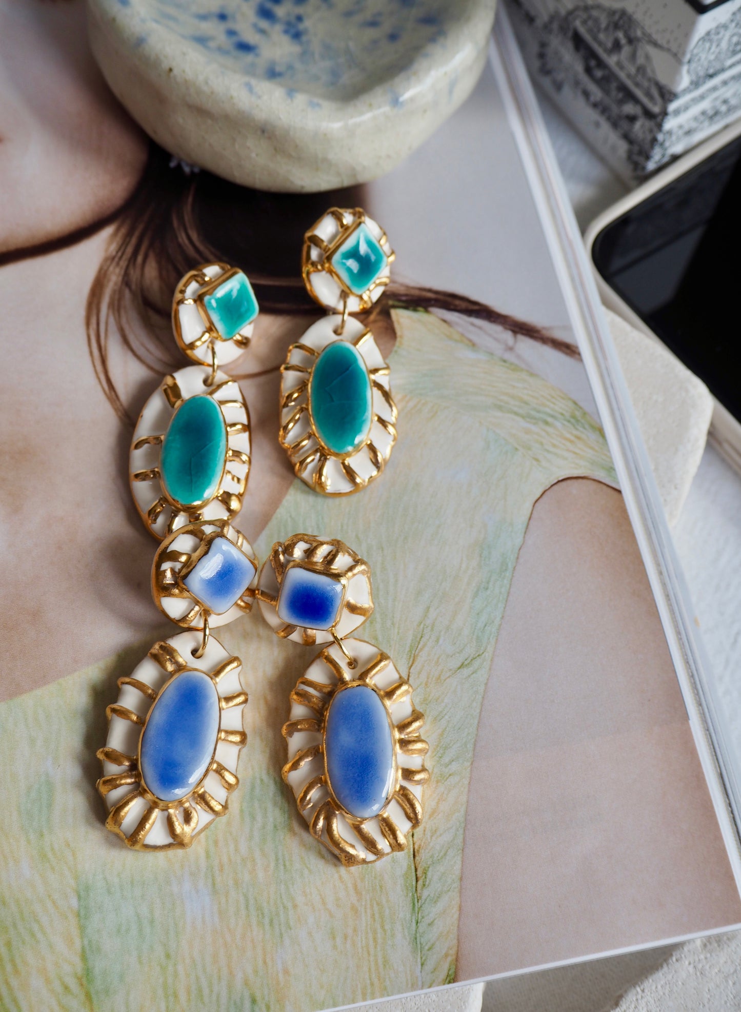 Pietra Collection handmade Porcelain Earrings coloured with Blue and White glossy glaze with 24k gold lustre details