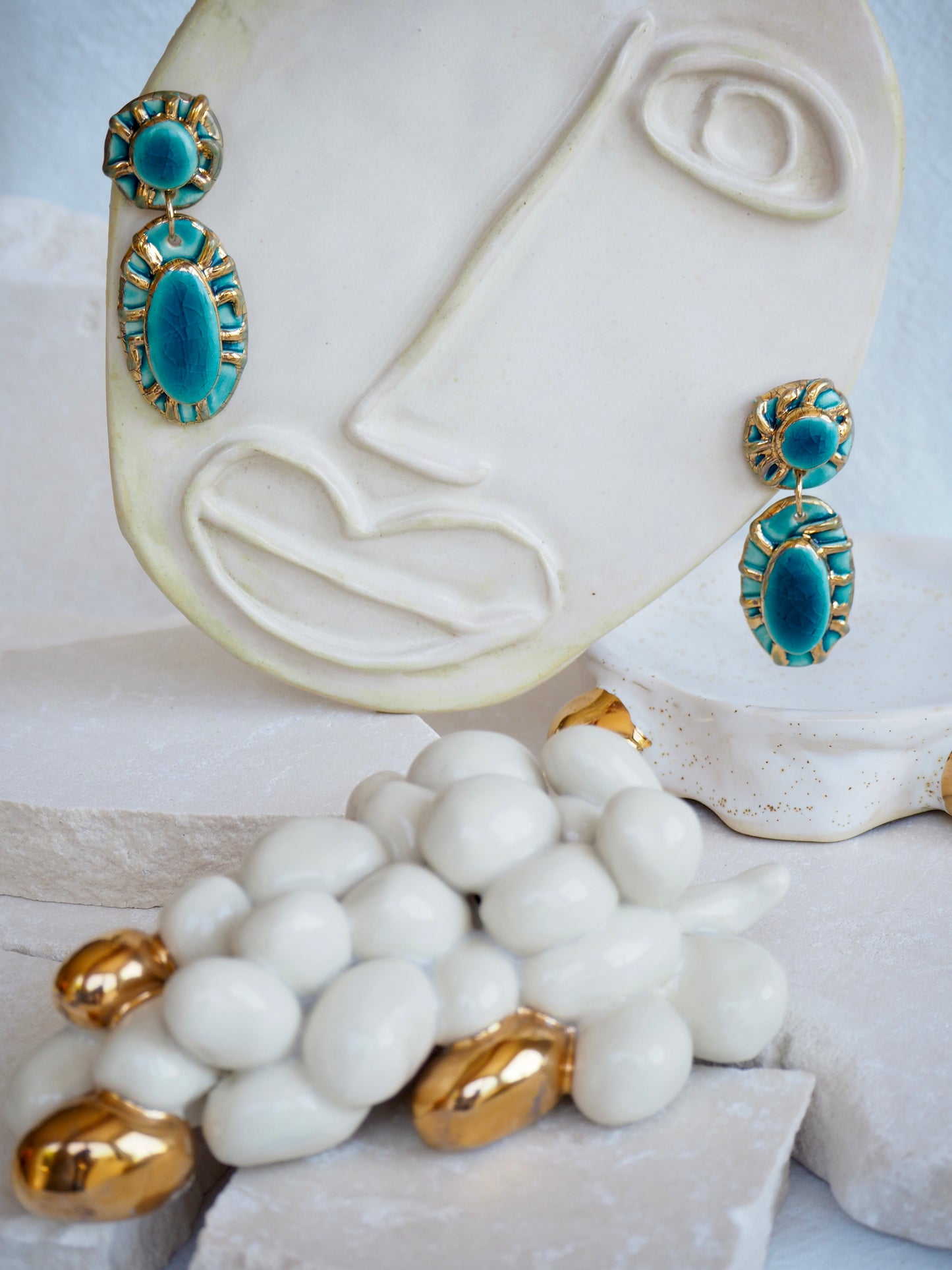 Pietra Collection handmade Porcelain Earrings coloured with Jade glossy glaze with 24k gold lustre details