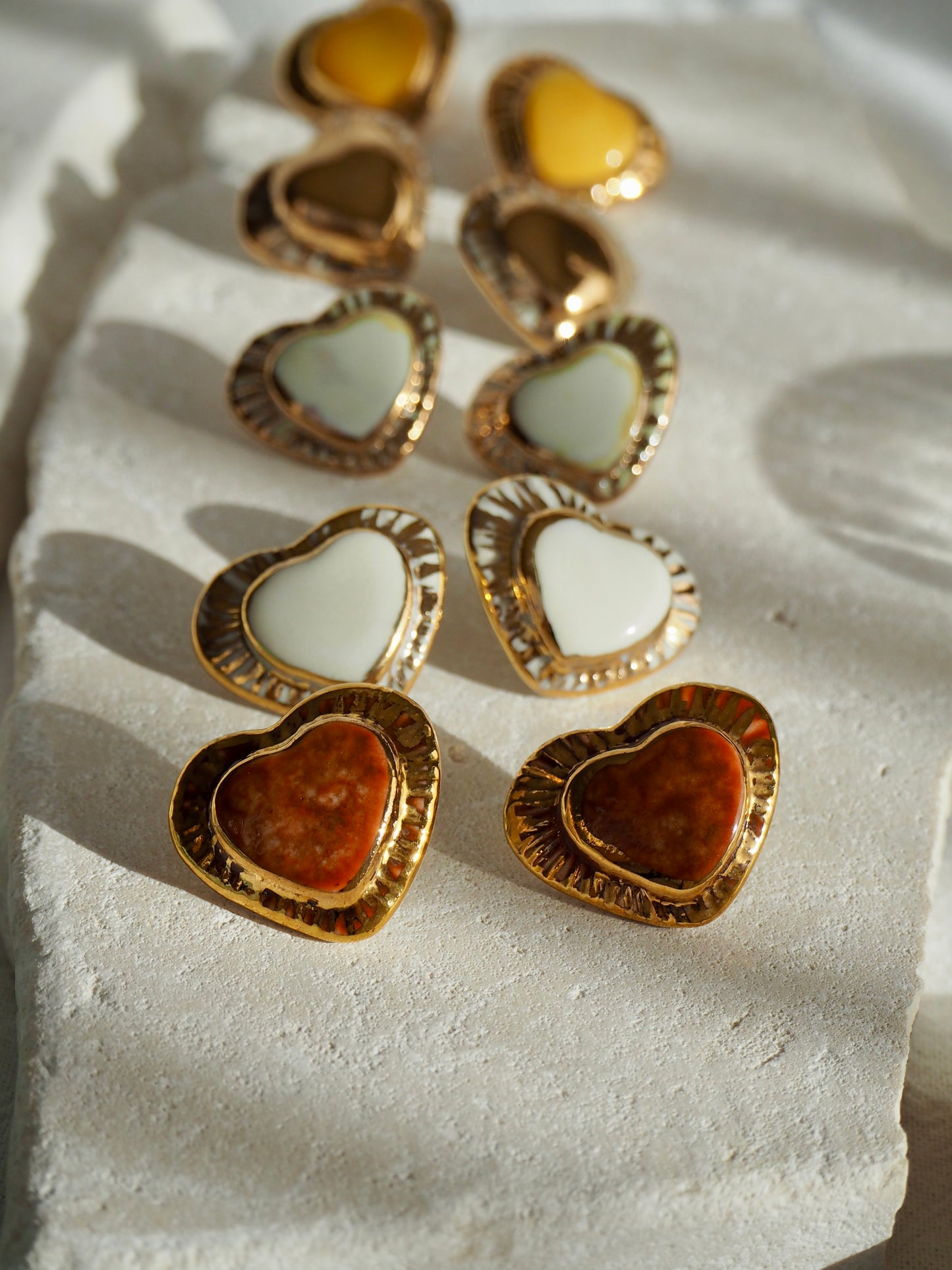 Large Handmade Porcelain Heart Stud Earrings coloured with “Bright Yellow” glossy glaze & 24k Gold lustre details