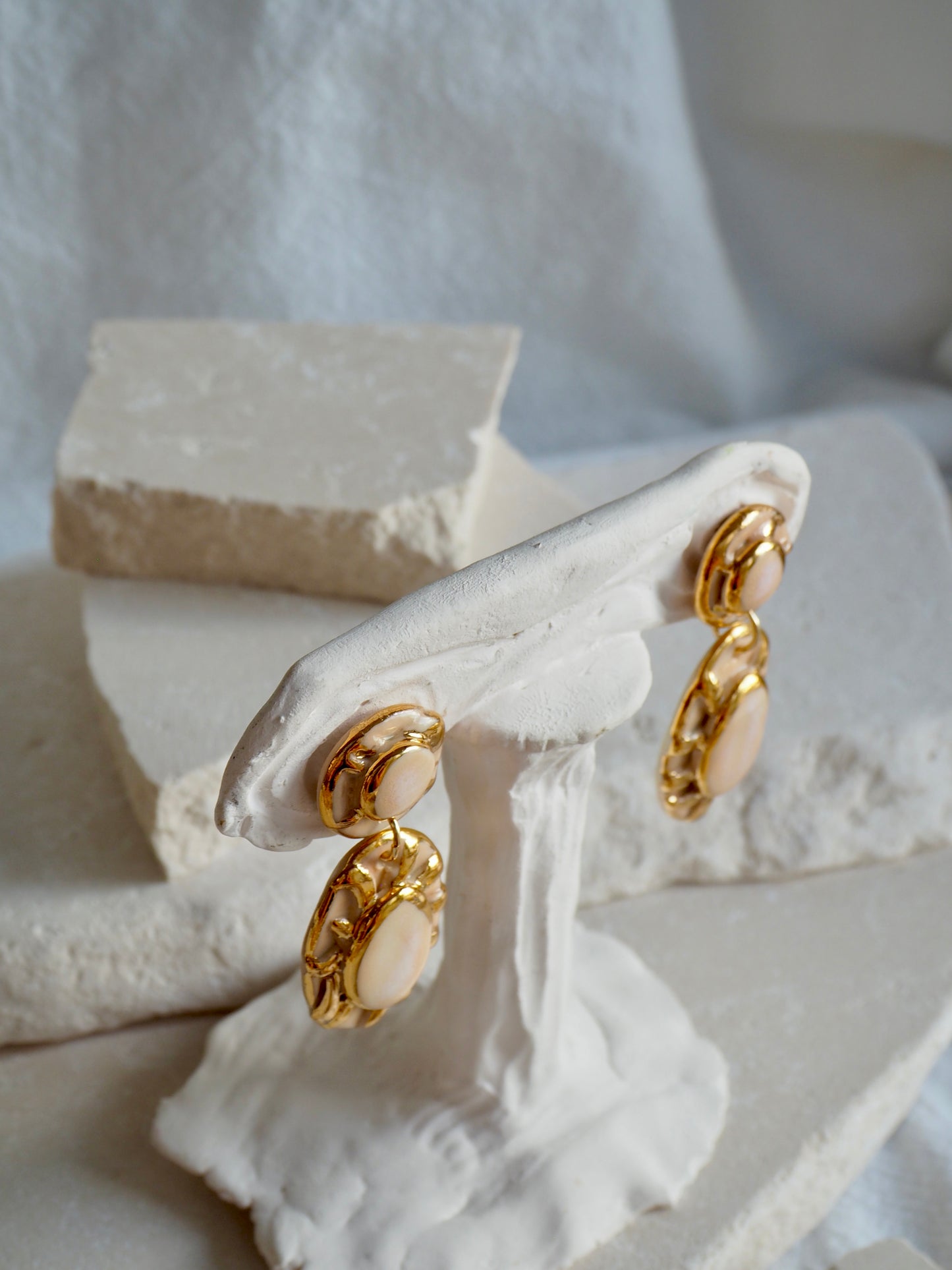 Pietra Collection handmade Porcelain Earrings coloured with Cream and Fading  White glossy glaze with 24k gold lustre details