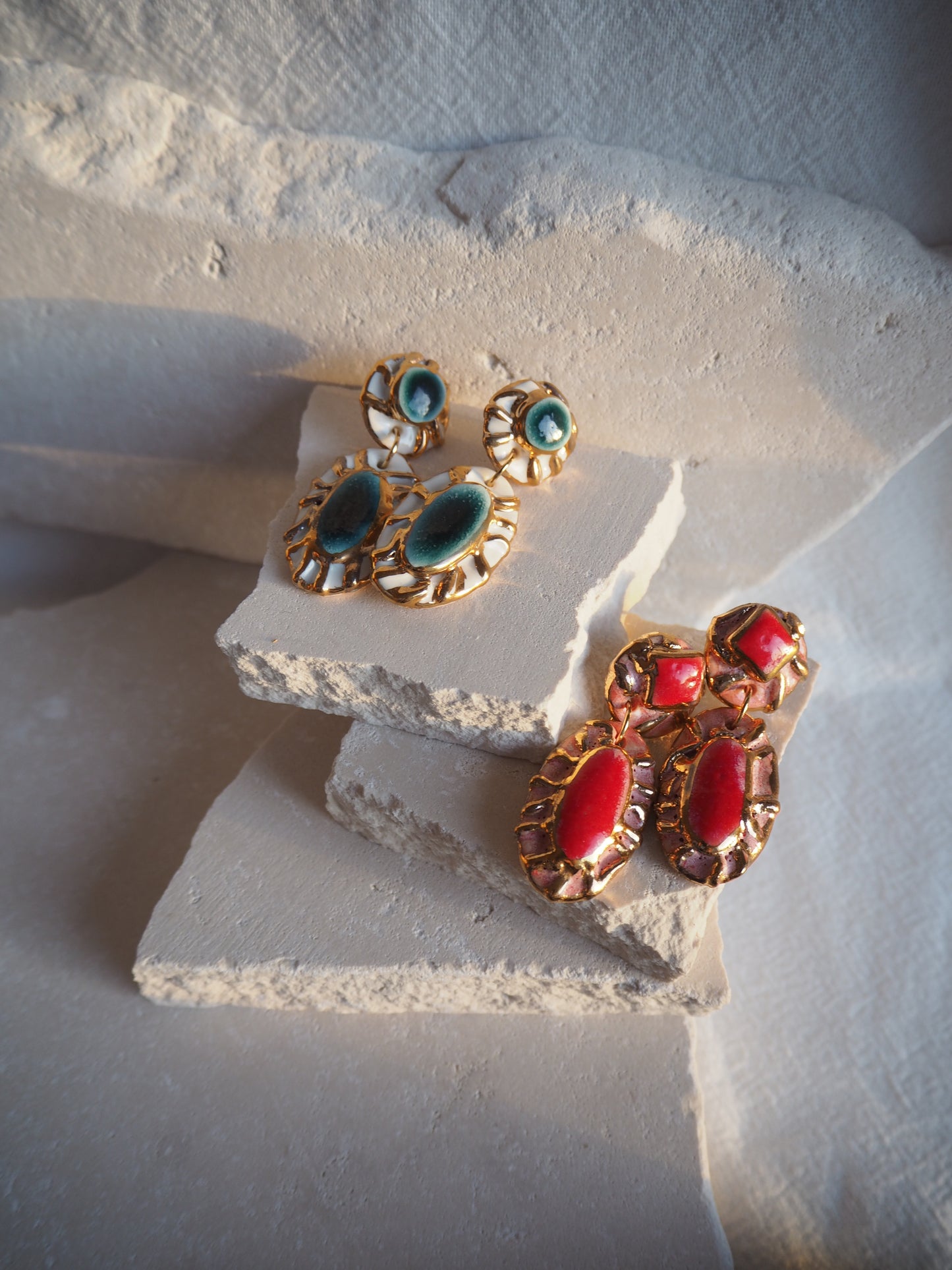 Pietra Collection handmade Porcelain Earrings coloured with Red and Pink glossy glaze with 24k gold lustre details