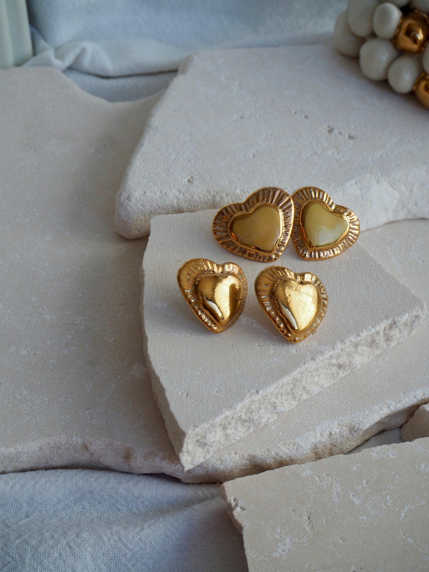 Large Handmade Porcelain Heart Stud Earrings coloured with Parchment and Light Yellow glossy glaze & 24k Gold lustre details