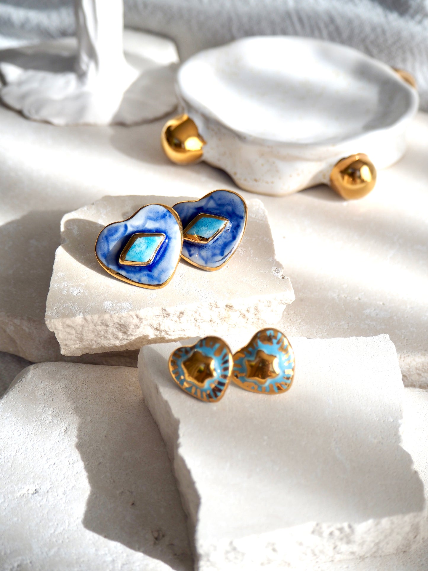Large Handmade Porcelain Heart Stud Earrings coloured with “Shades of Blues” glossy glazes & 24k Gold lustre details