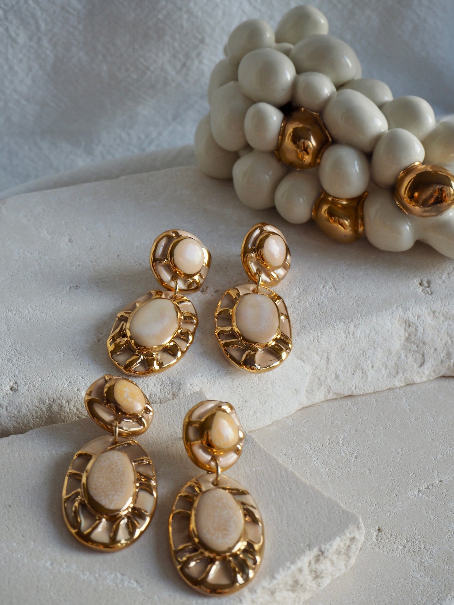 Pietra Collection handmade Porcelain Earrings coloured with Cream and Fading  White glossy glaze with 24k gold lustre details