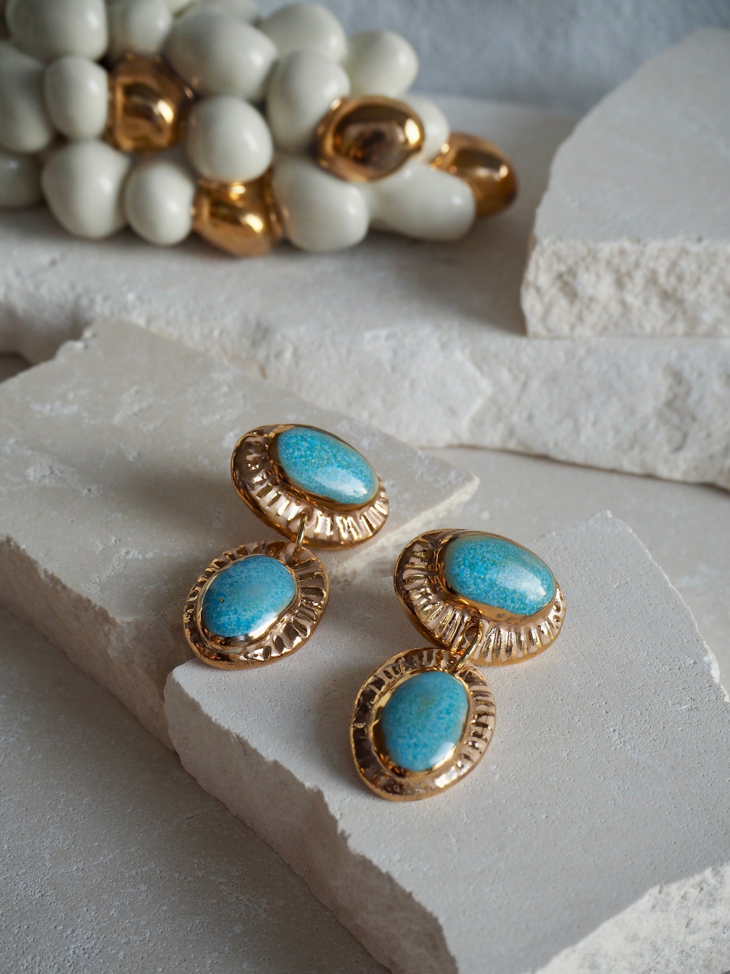 Whitehaven “Anima” Handmade Porcelain Earrings with Parchment underglaze and Sea Blue glaze with 24k gold lustre rays