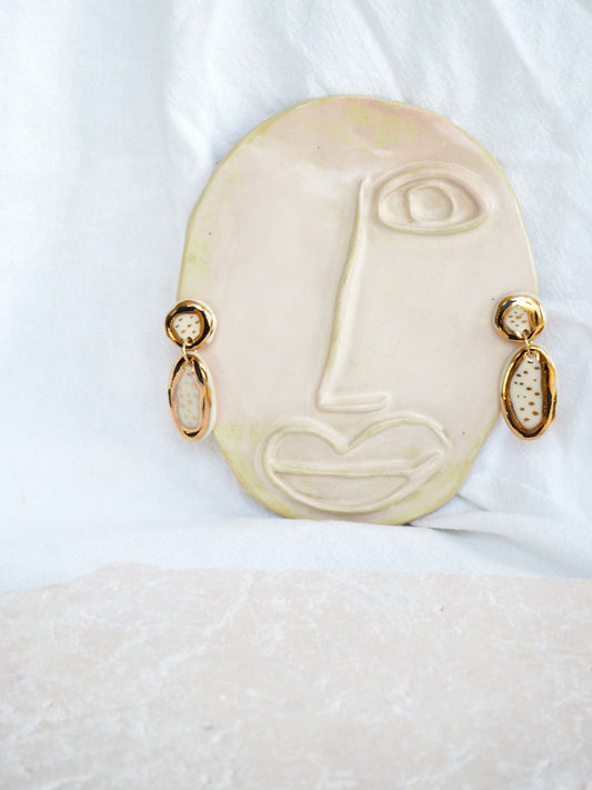 Polka Dot Gold Black and white Porcelain Earrings in “Nero” ceramic stain under clear glaze for glossy look