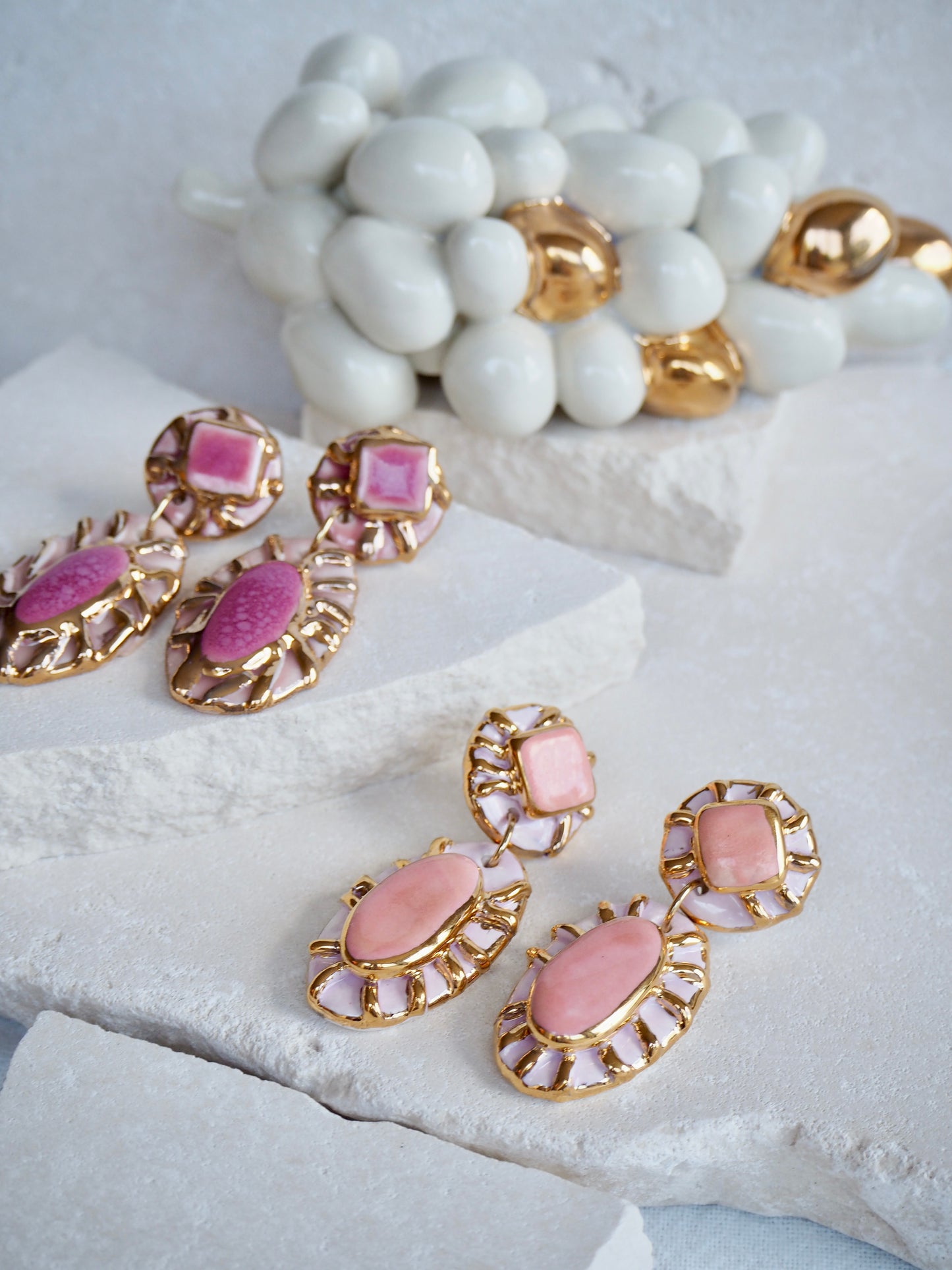 Pietra Collection handmade Porcelain Earrings coloured with Dark and Light Pink glossy glaze with 24k gold lustre details