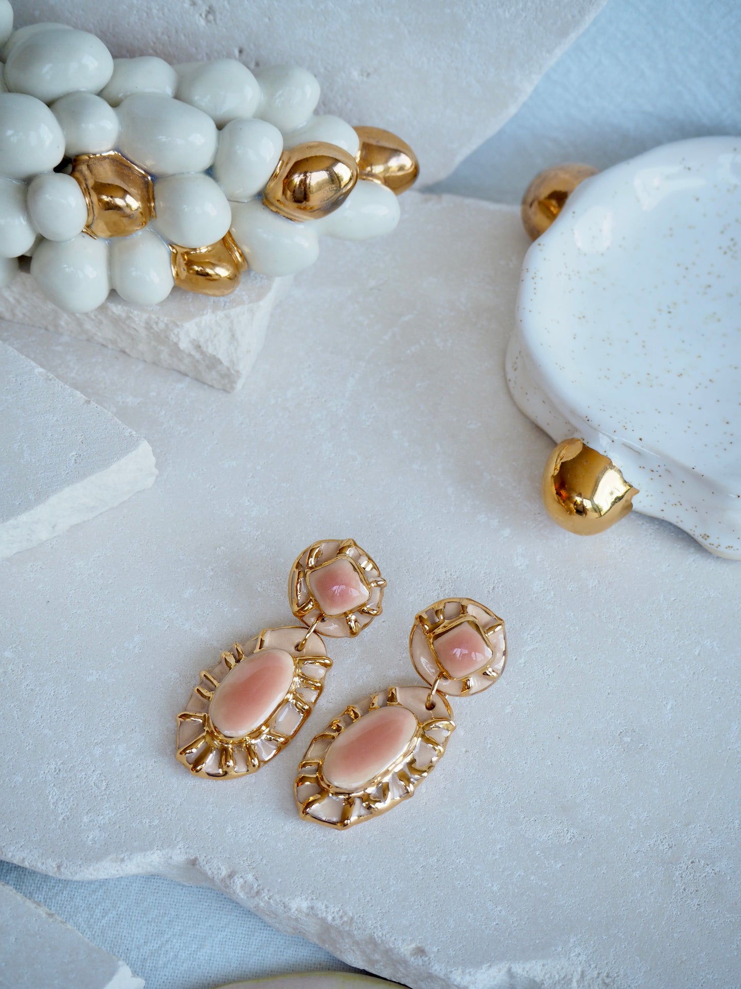 Pietra Collection handmade Porcelain Earrings coloured with Pale Peach glossy glaze with 24k gold lustre details