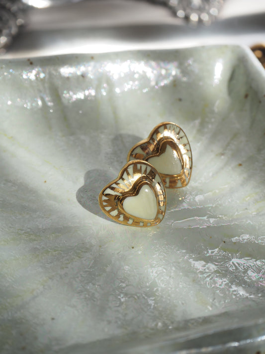 Small Handmade Porcelain Heart Stud coloured with “Off-White” glossy glaze with 24k Gold lustre rays