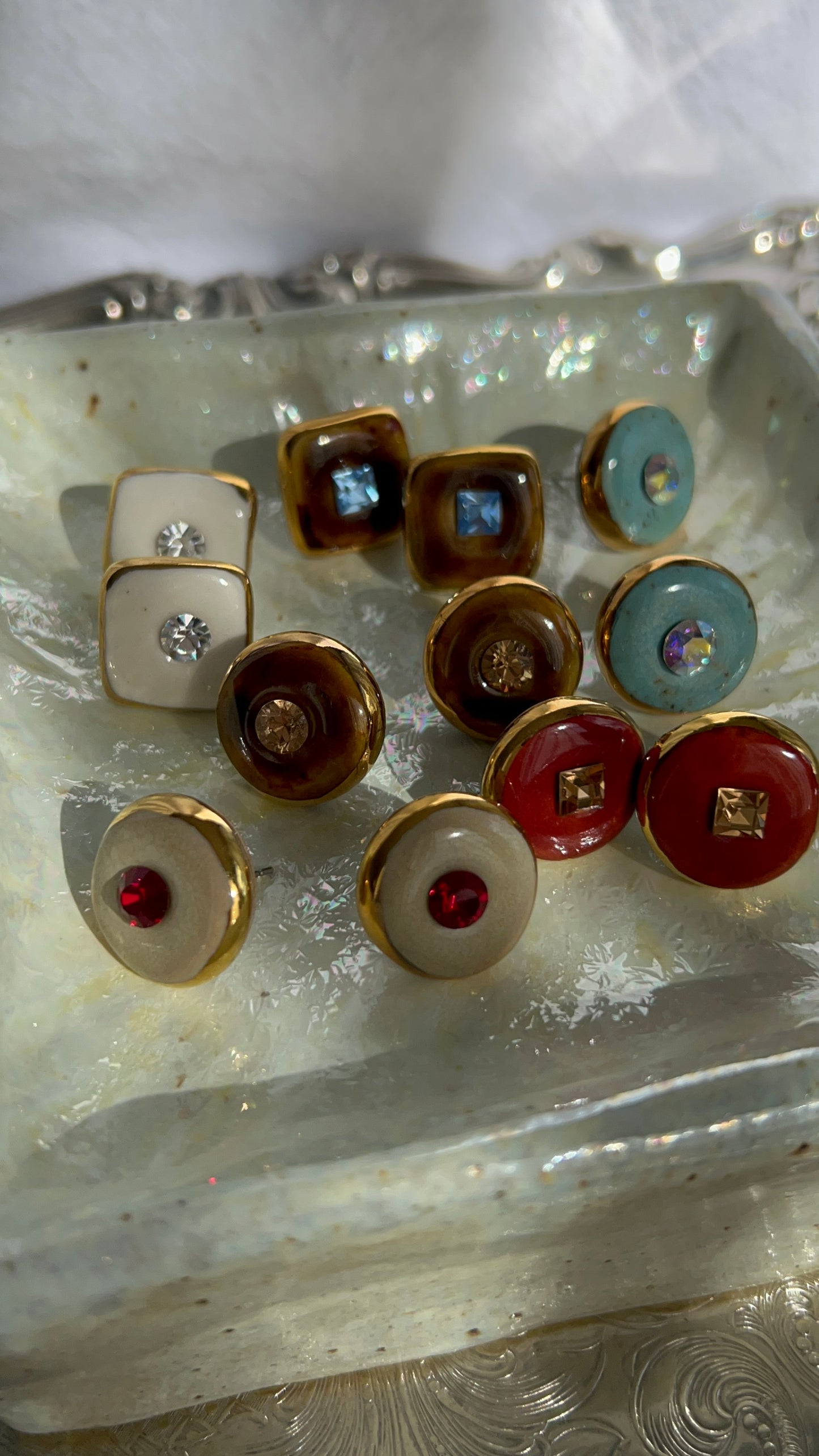“Bigger Supernova” Sand Large Handmade Porcelain Studs with 24k Gold lustre rims and an Swarovskis Crystal