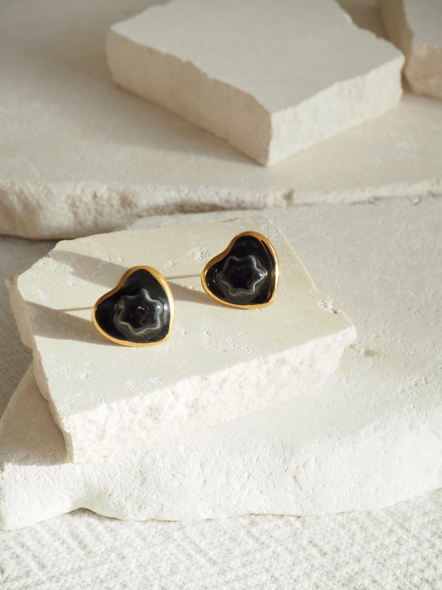 Small Handmade Porcelain Heart Stud coloured with “Black” glossy glazes with 24k Gold lustre details