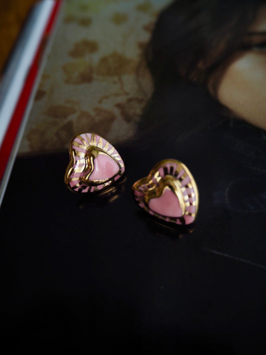 Small Handmade Porcelain Heart Stud coloured with “Light Pink” glossy glaze with 24k Gold lustre rays (Second Pair in Pink)