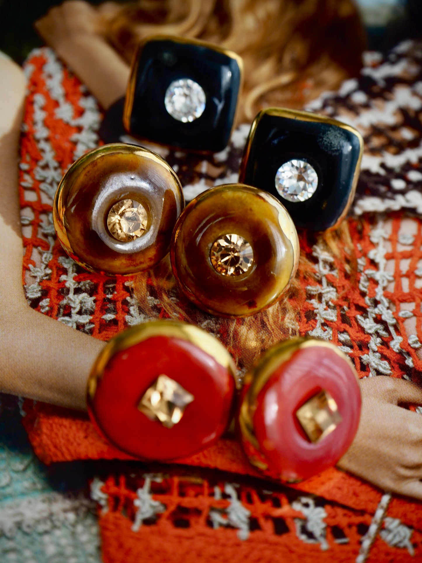 “Bigger Supernova”  Light Brown Large Handmade Porcelain Studs with 24k Gold lustre rims and an Swarovskis Crystal
