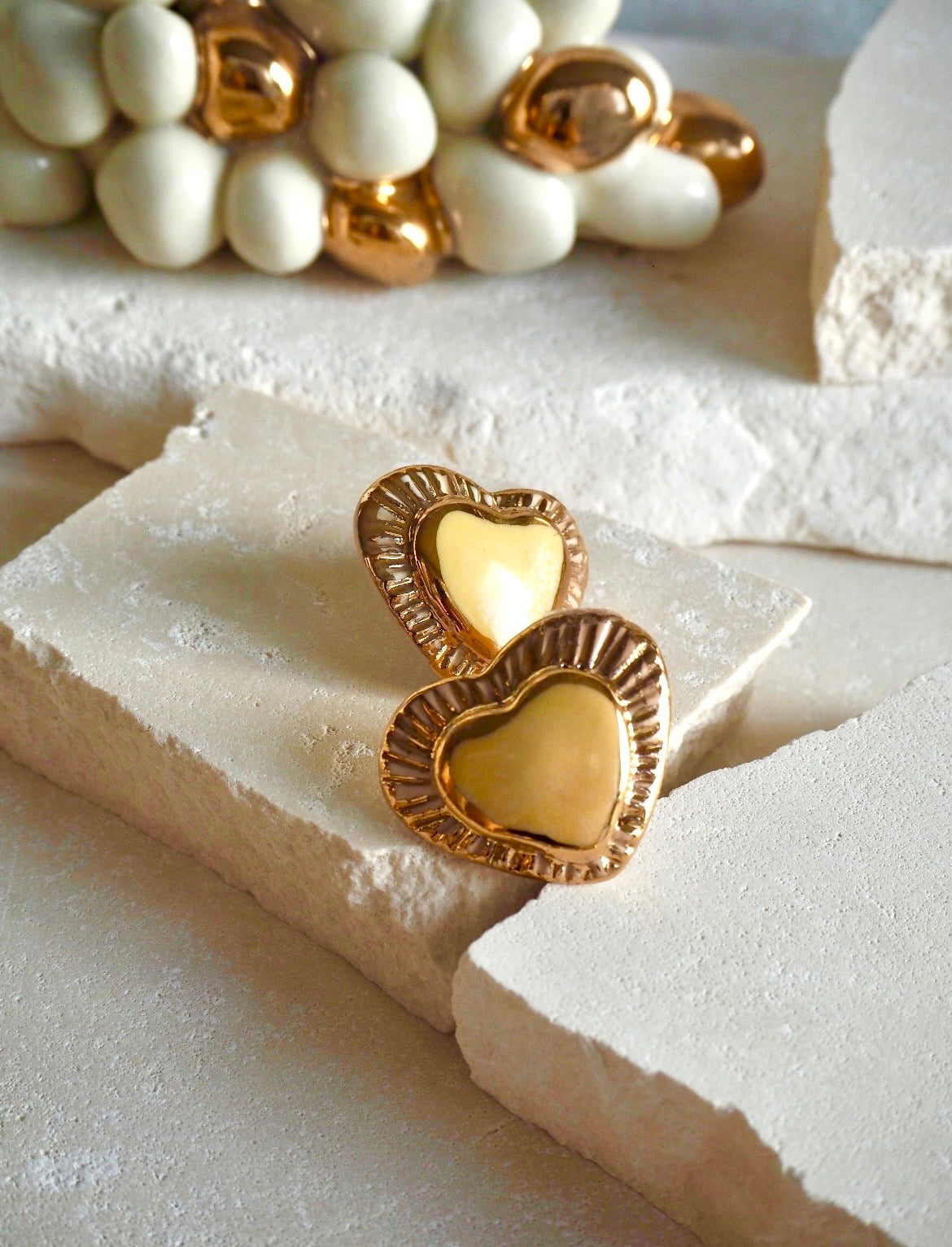 Large Handmade Porcelain Heart Stud Earrings coloured with Parchment and Light Yellow glossy glaze & 24k Gold lustre details
