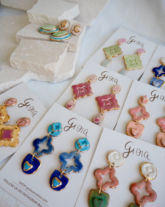 Gioia Originals “Fortunata” Handmade Porcelain Earrings in glossy White, Pink and matte Green glazes with 24k Gold lustre details