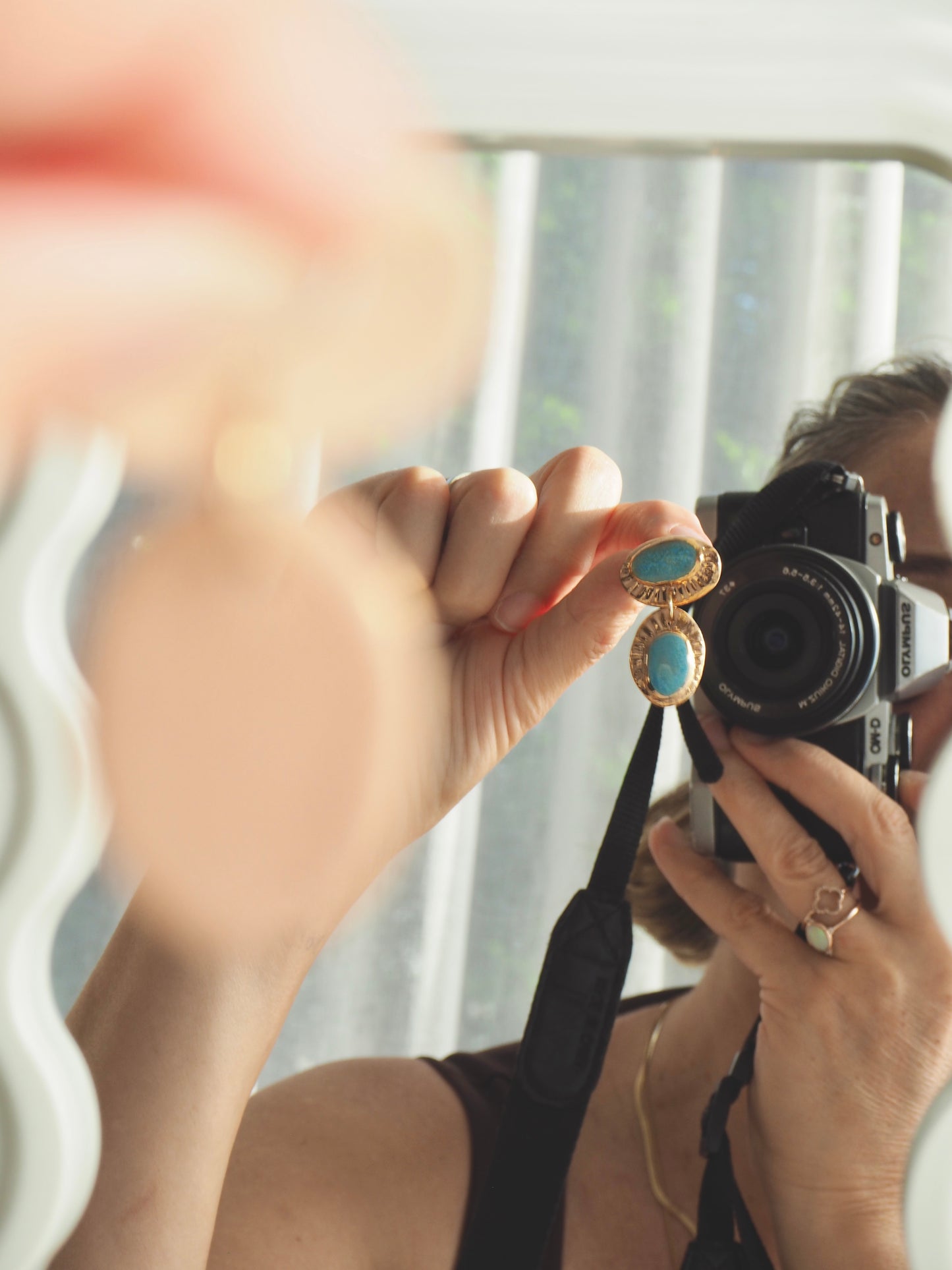 Whitehaven “Anima” Handmade Porcelain Earrings with Parchment underglaze and Sea Blue glaze with 24k gold lustre rays