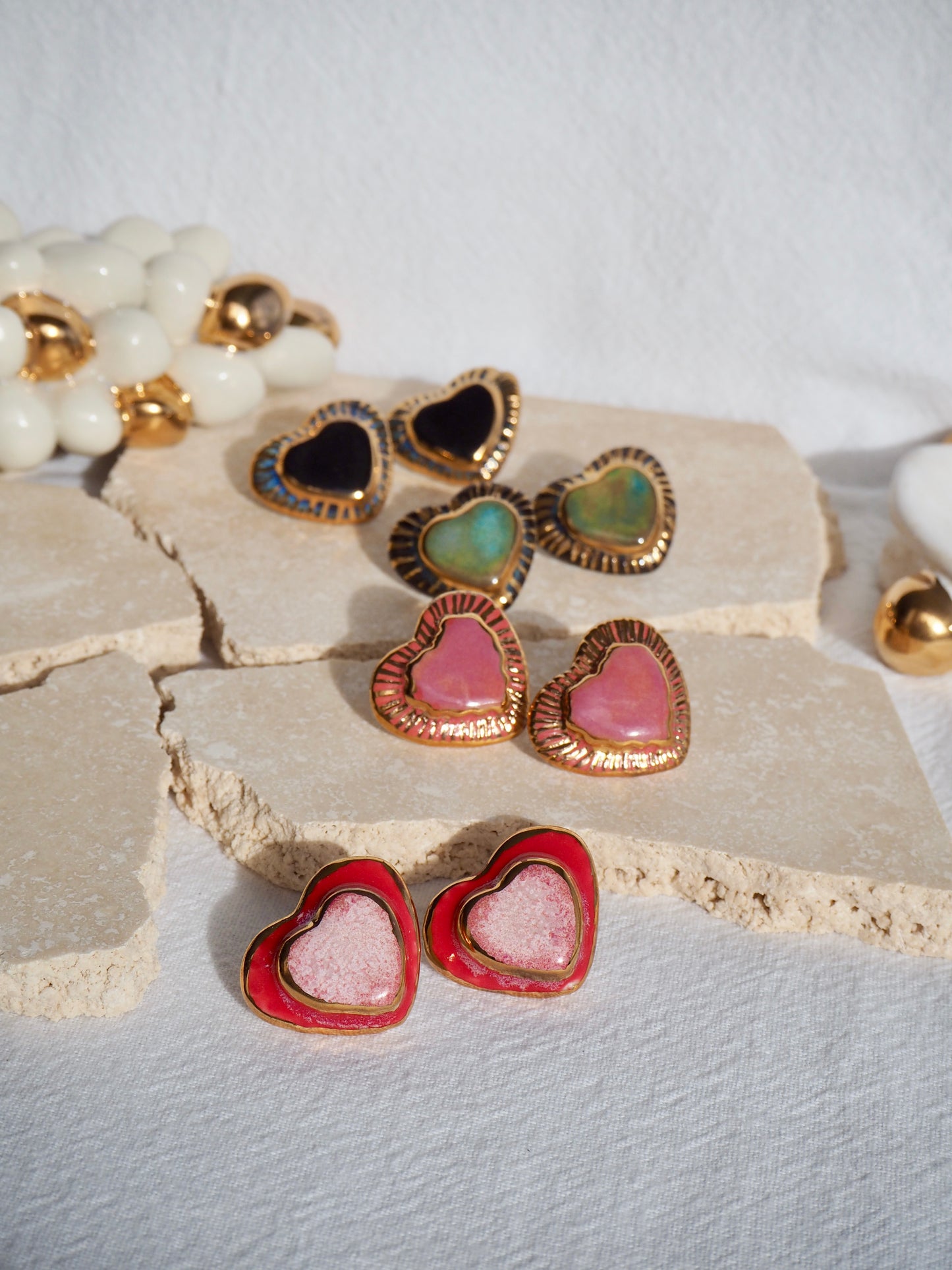 Porcelain Heart Earrings in Red and Light Pink glossy glazes & 24k Gold lustre rim