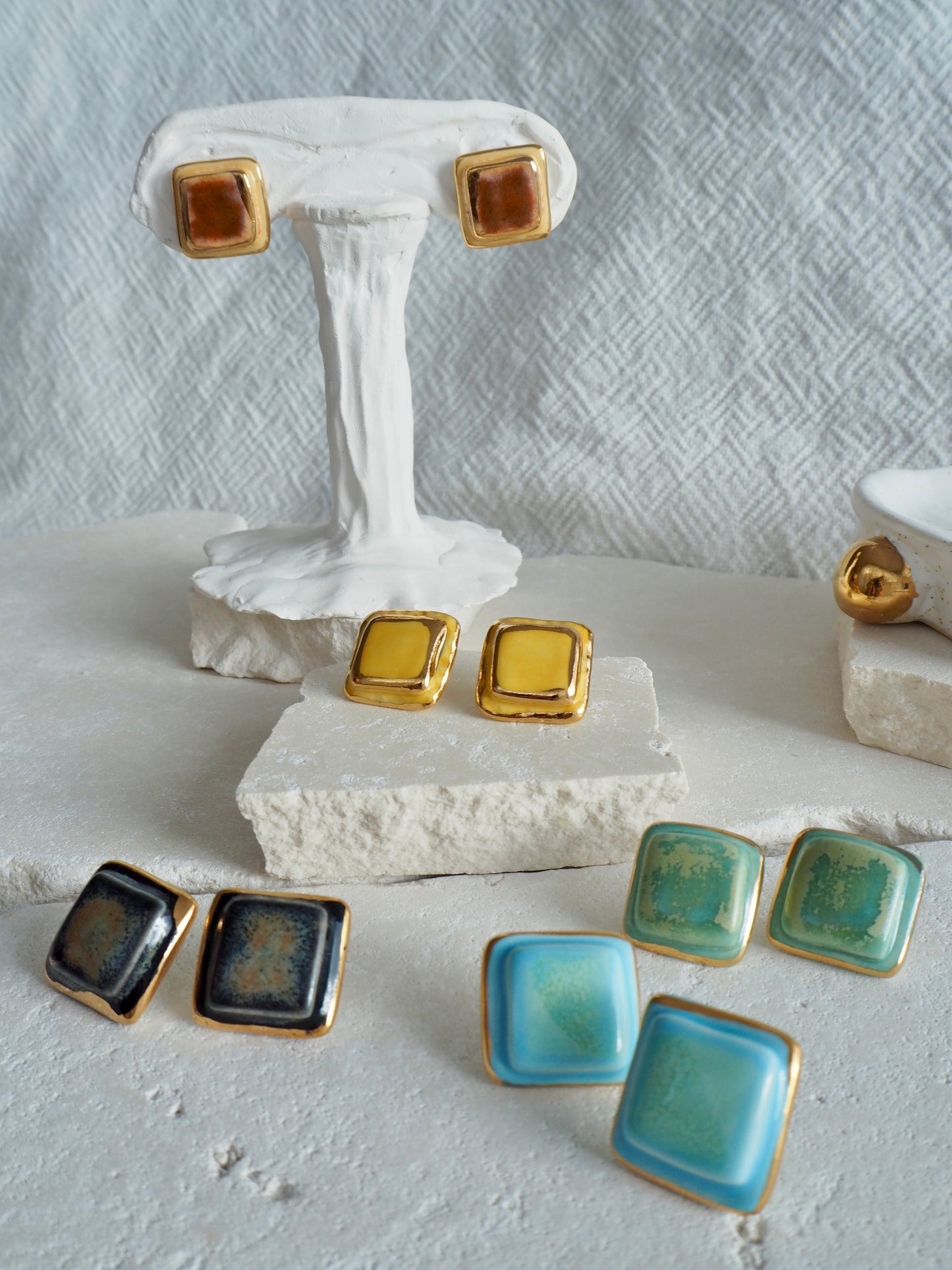“il Quadrato” Medium Handmade Porcelain Studs coloured with “Light Brown&Orange” glossy glazes with 24k Gold lustre details