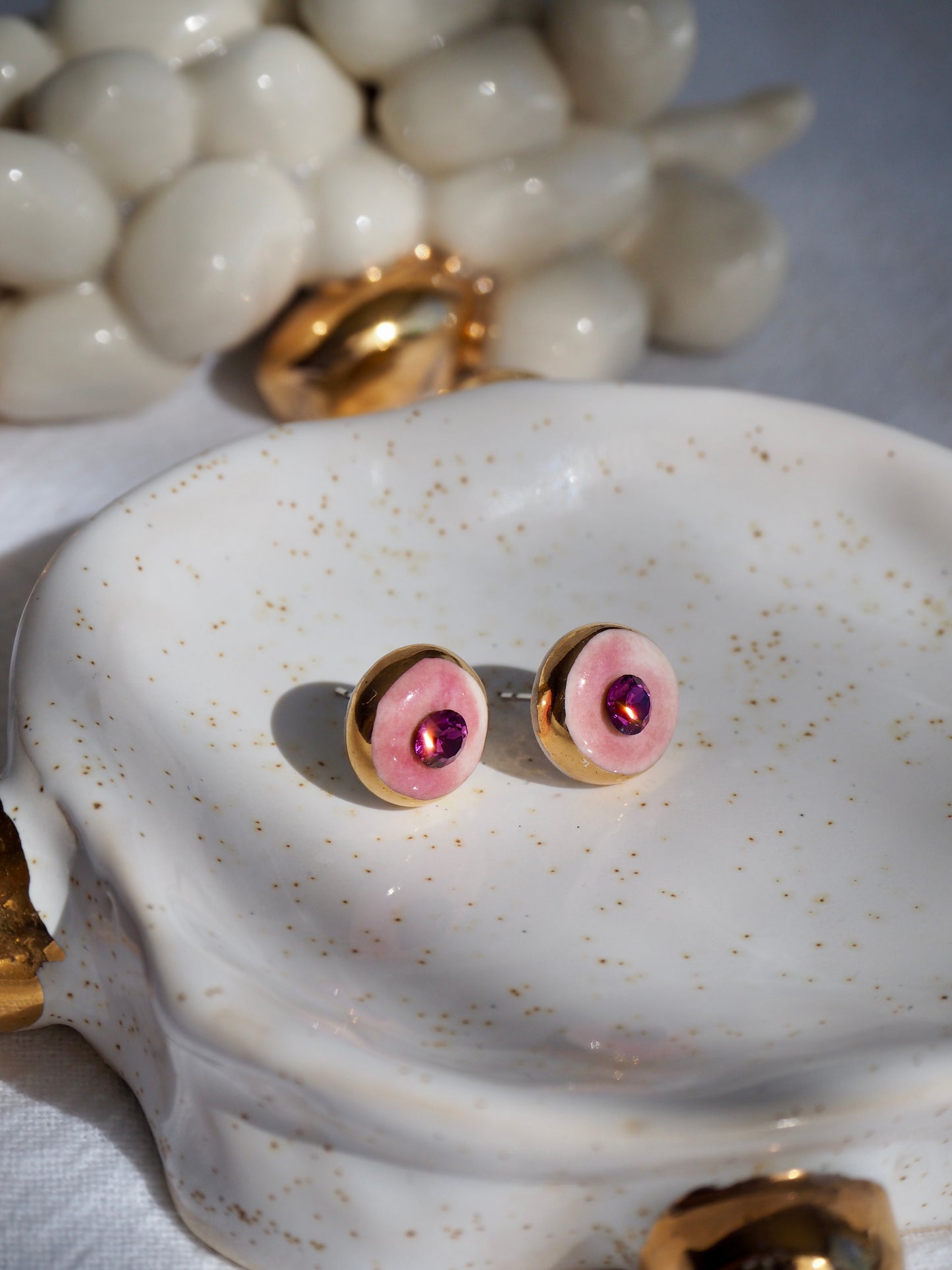“Supernova” Pale Pink Small Handmade Porcelain Studs with 24k Gold lustre rims and Swarovskis Crystal