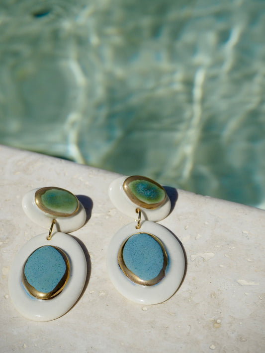 Femminilità Porcelain Earrings in Green & Sky Blue on Off White  coloured glazes