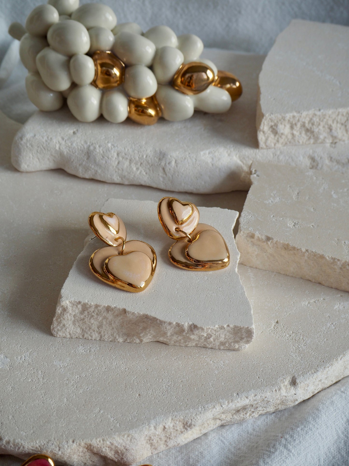 Handmade Porcelain Heart Earrings faded White Hearts on Parchment underglaze glaze with 24k Gold lustre rims